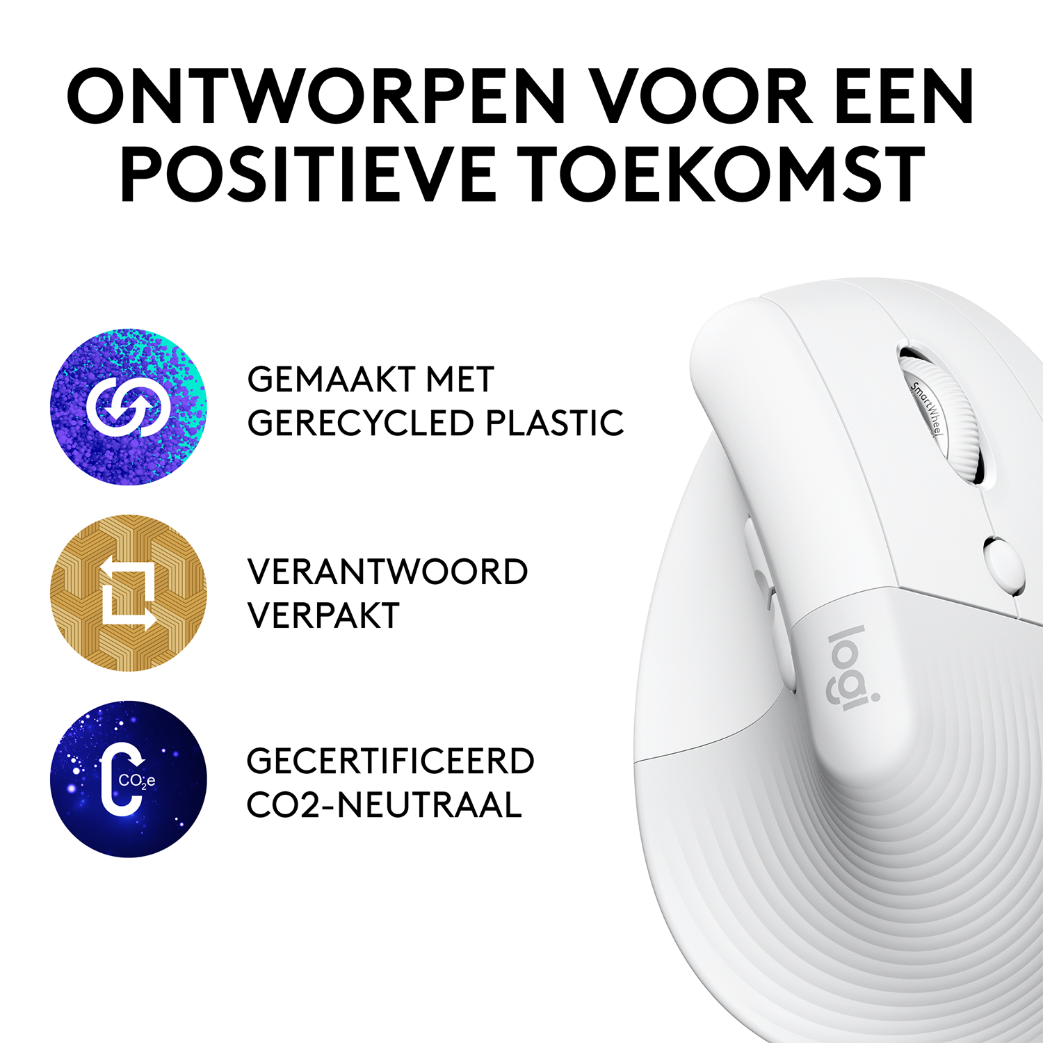 Biała mysz ergonomiczna z kółkiem przewijania i logo na białej powierzchni. Tekst o recyklingu i neutralności CO2.