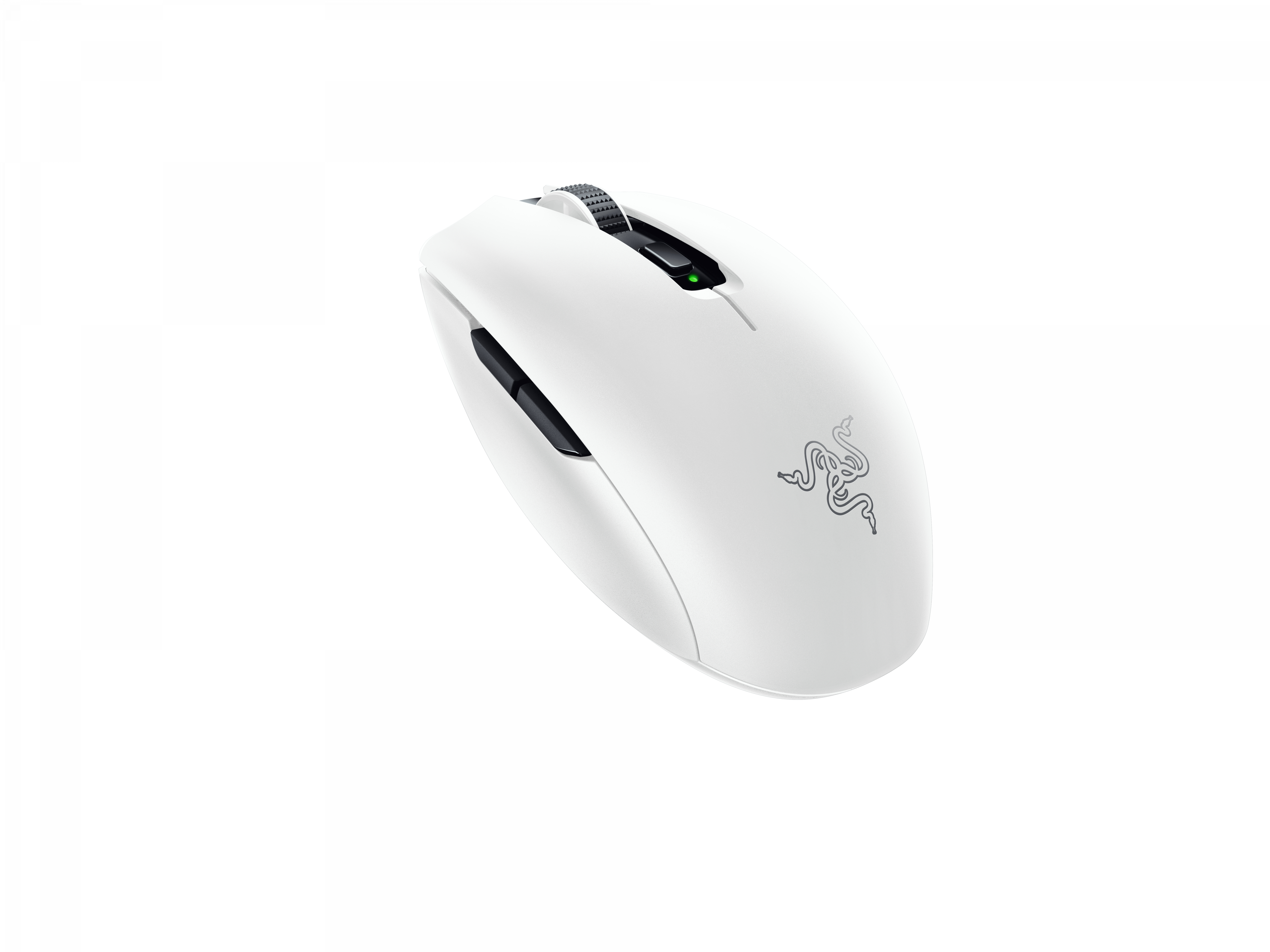 Biała mysz bezprzewodowa z logo Razer na białym tle.