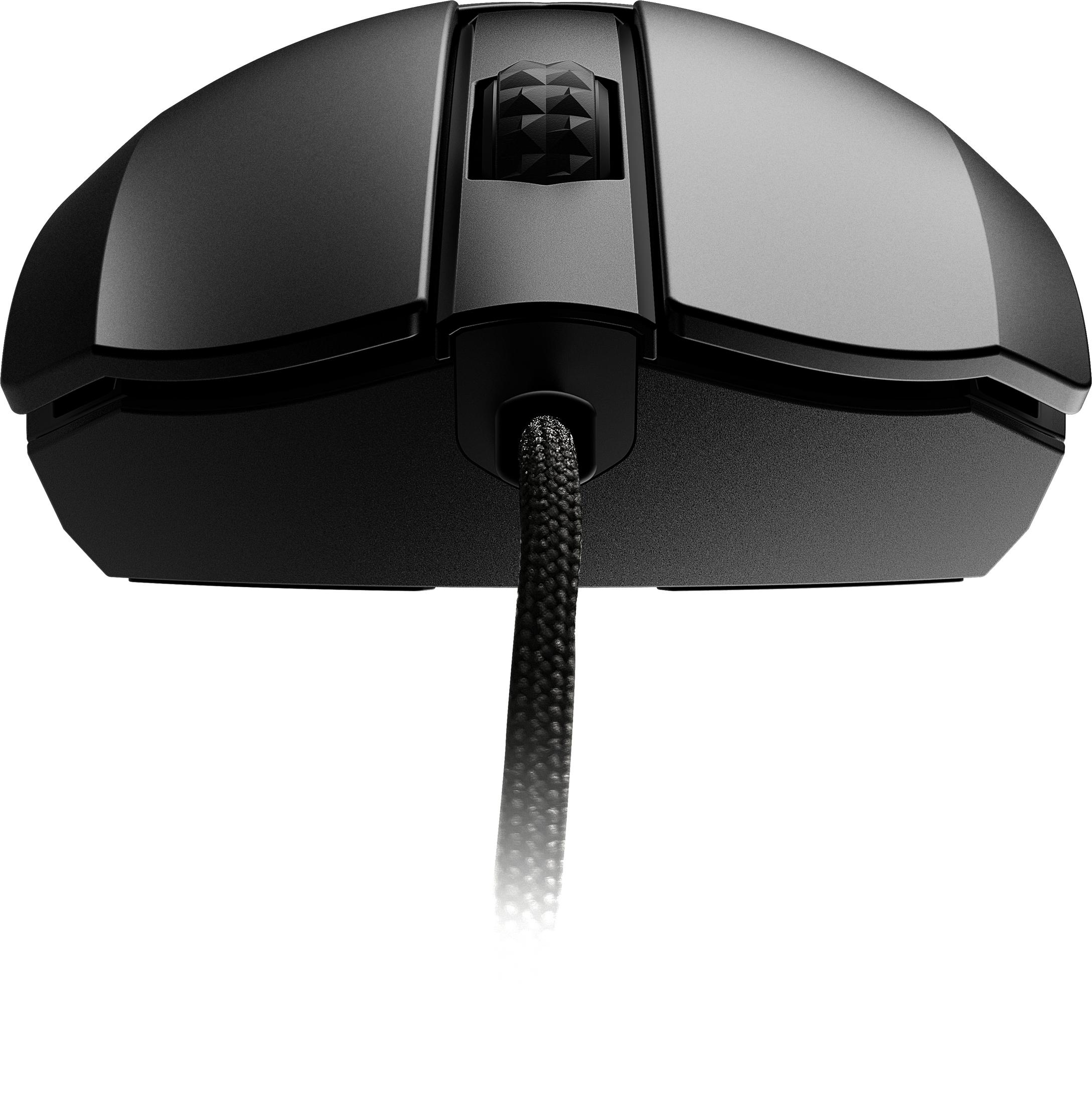 Schwarze Computermaus, mit strukturierter Oberseite. Geflochtenes Kabel. Weißer Hintergrund.