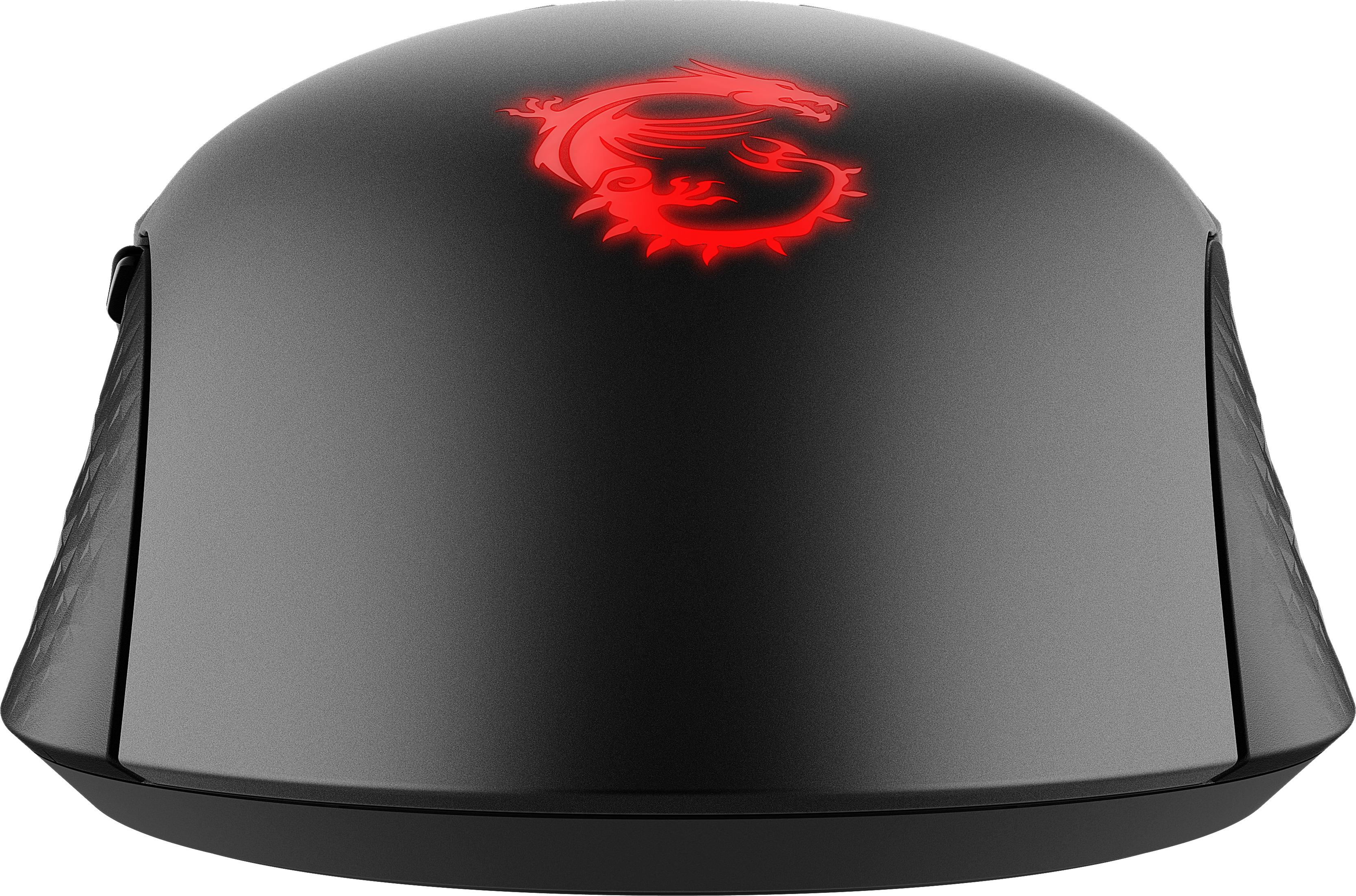 Schwarze Gaming-Maus mit rotem Drachenlogo. Ergonomisches Design.