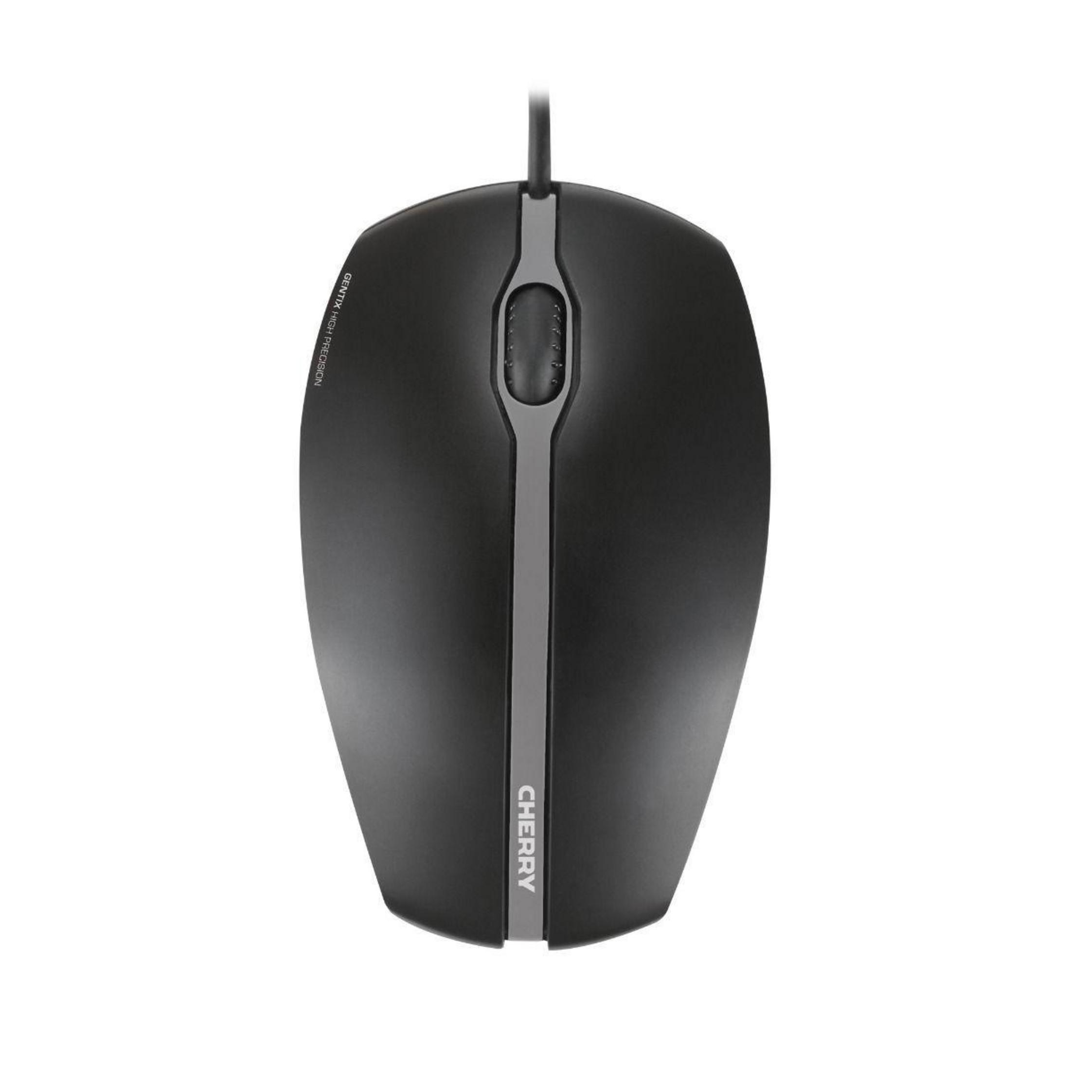 Zwarte computermuis met grijze accenten en het woord CHERRY. Bovenaanzicht, witte achtergrond.