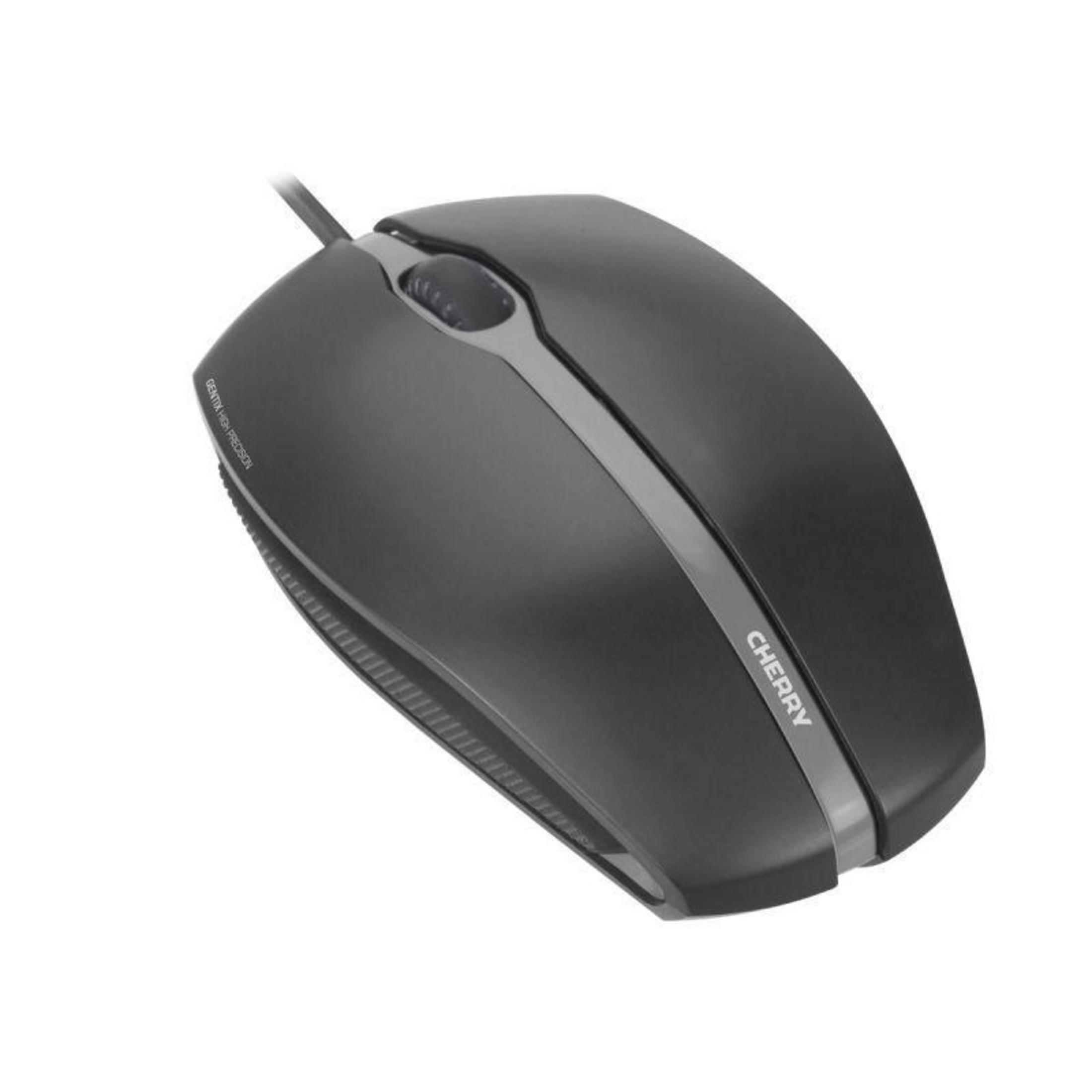 Zwarte computermuis met een grijze streep en een scrollwiel. De muis ligt op een wit oppervlak.