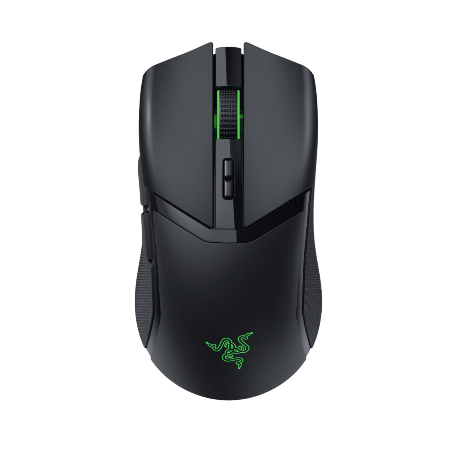 Mouse da gaming nero con logo Razer verde e dettagli verdi sulla rotella di scorrimento, sfondo nero.