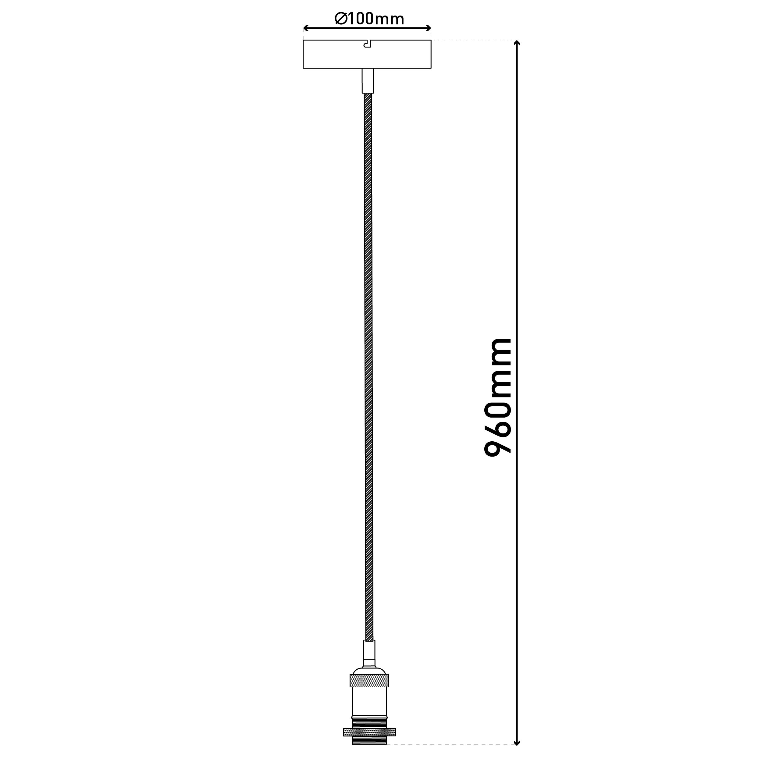 Hängelampe mit langem Kabel. Abmessungen sind 100 mm und 960 mm.