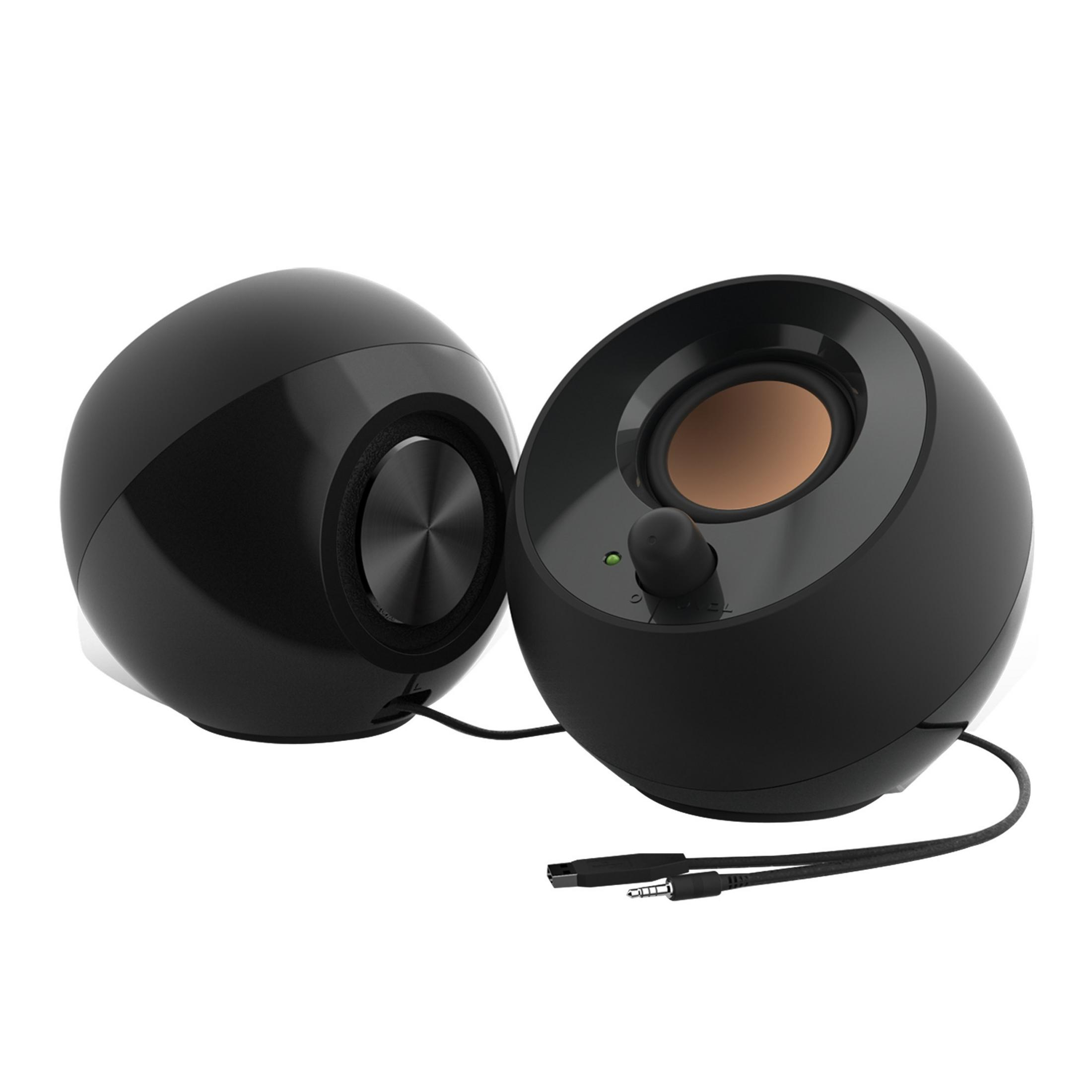 Dos altavoces esféricos negros sobre fondo blanco. Uno tiene un altavoz visible, el otro es una esfera sólida.