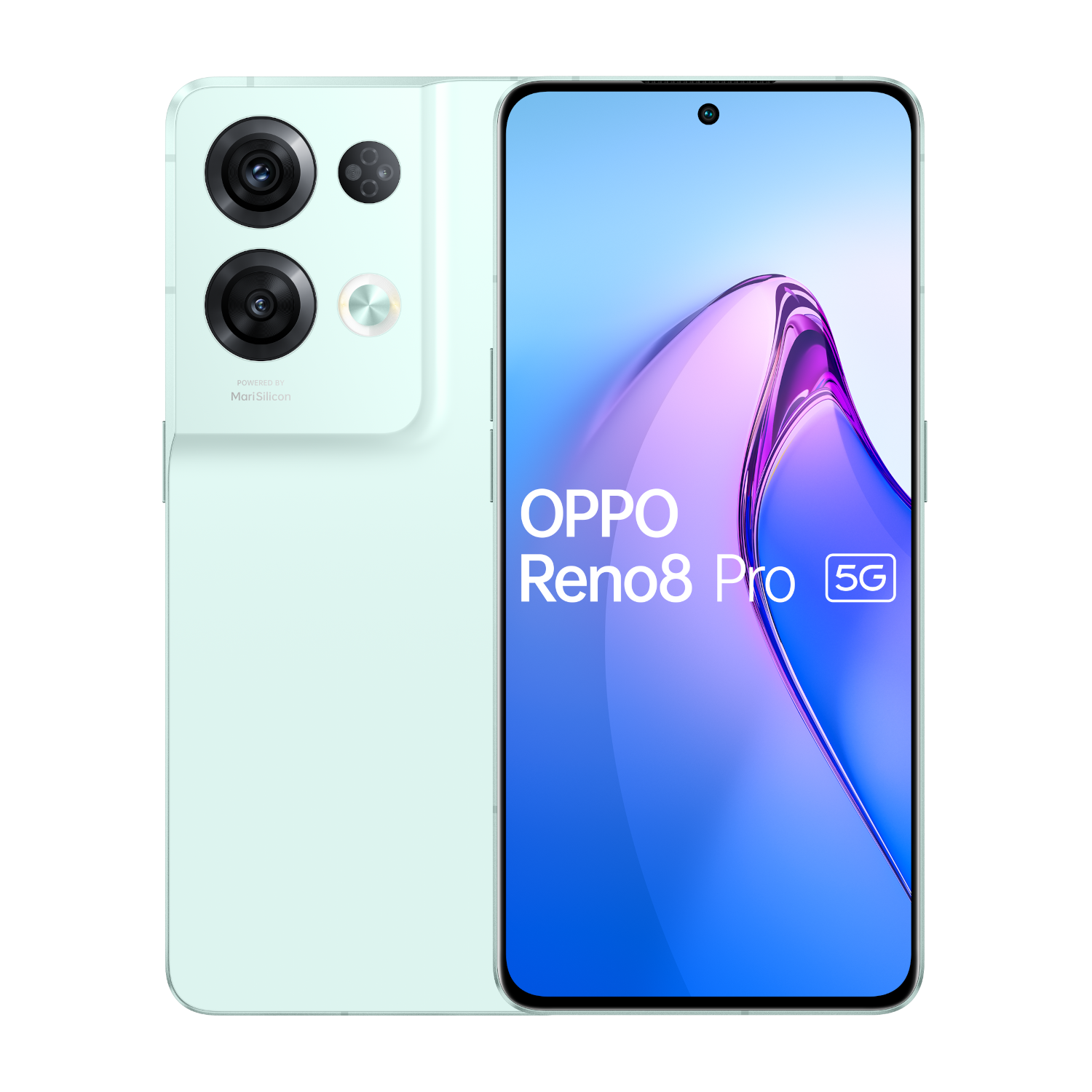 Mintgrünes OPPO Reno8 Pro 5G Smartphone, das Bildschirm und Kameras zeigt.
