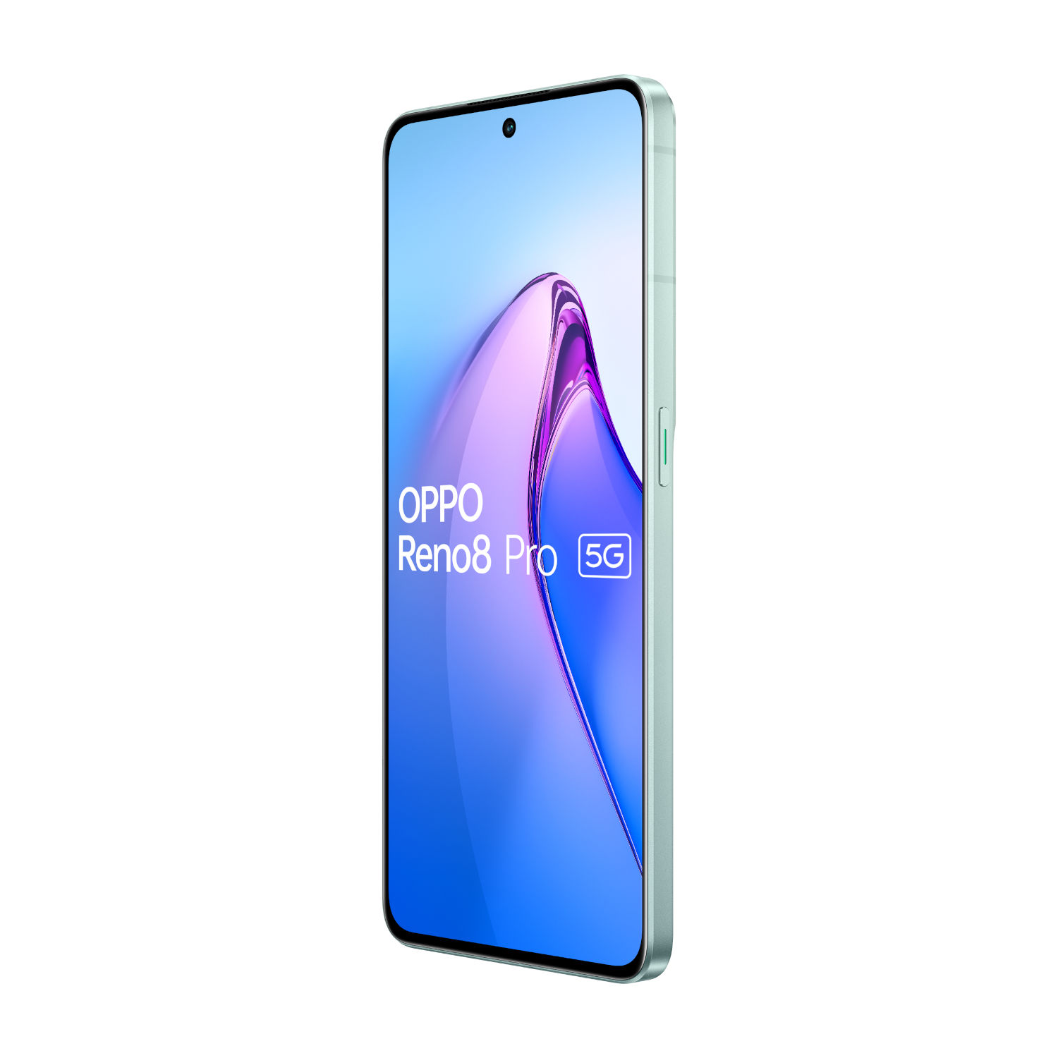 Seitenansicht eines Oppo Reno8 Pro 5G. Der Bildschirm zeigt ein lila-weißes Bild.