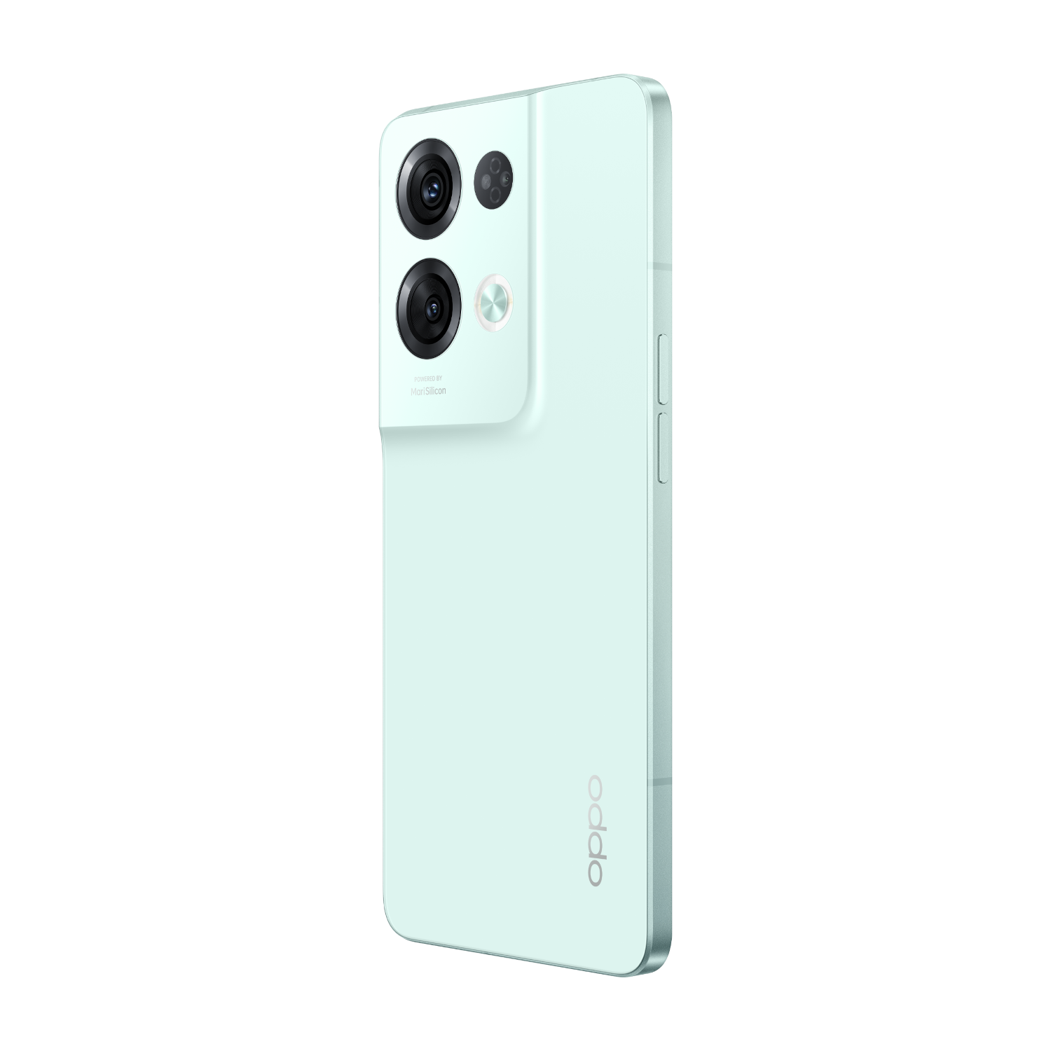 Ein mintgrünes Smartphone auf schwarzem Hintergrund. Es hat mehrere Kameras auf der Rückseite und das Oppo-Logo.