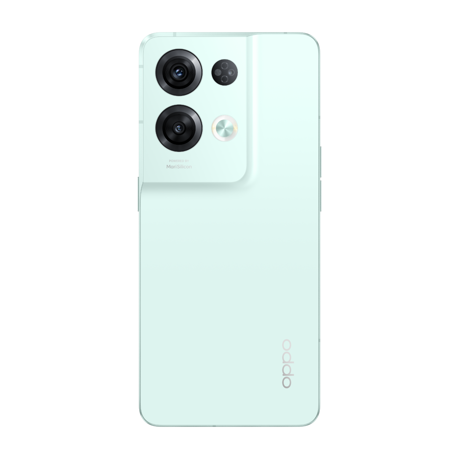 Hellgrüne Smartphone-Rückseite mit Kameras und Oppo-Branding auf schwarzem Grund.