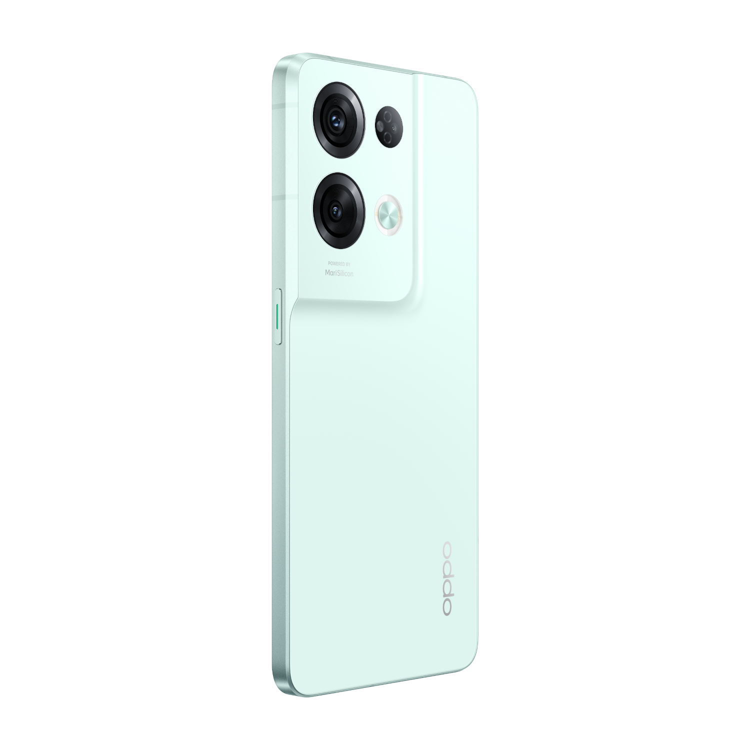Minzfarbenes Telefon mit Dreifachkamera, schwarzer Hintergrund.