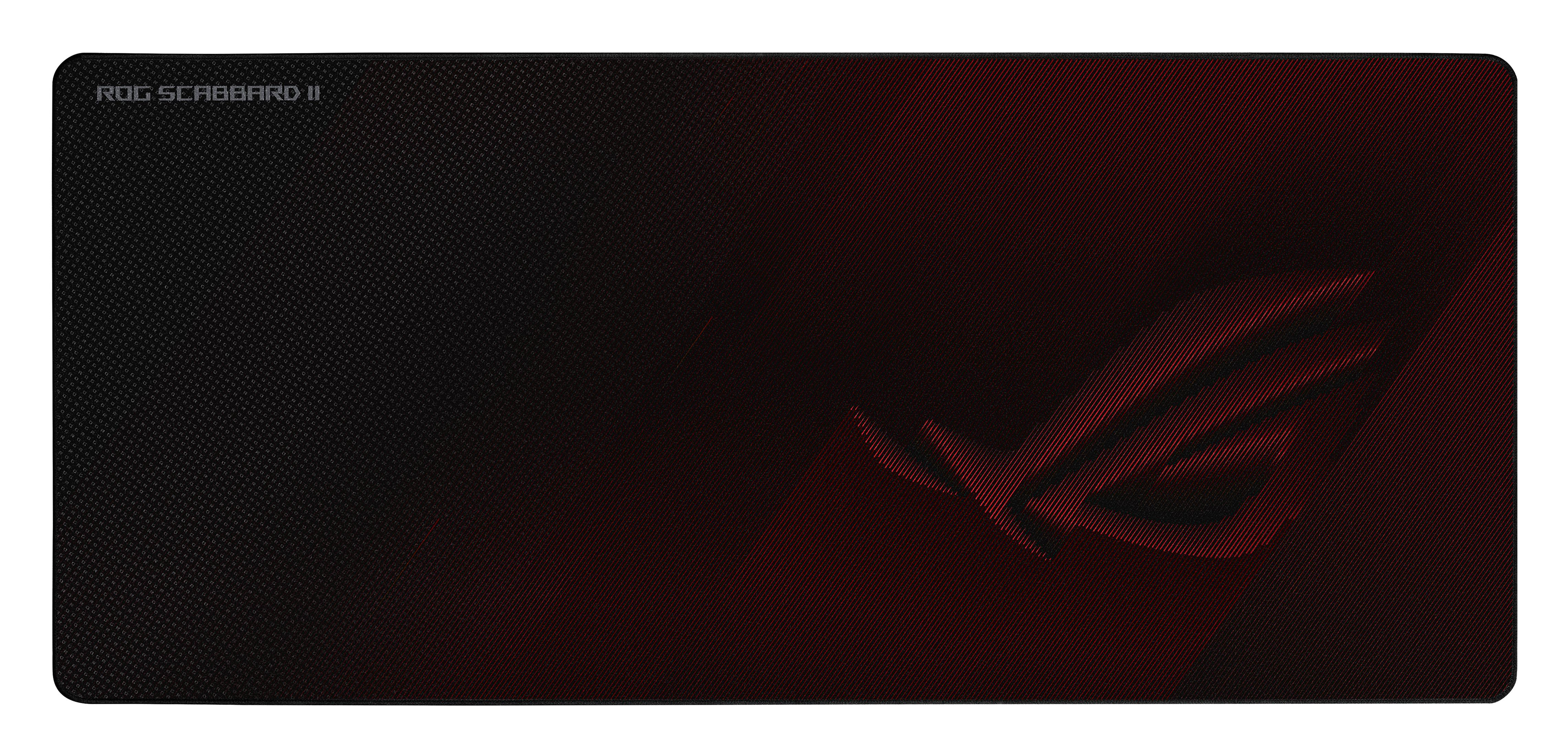 Czarna i czerwona podkładka pod mysz ROG Scabbard II. Widoczne logo ROG.