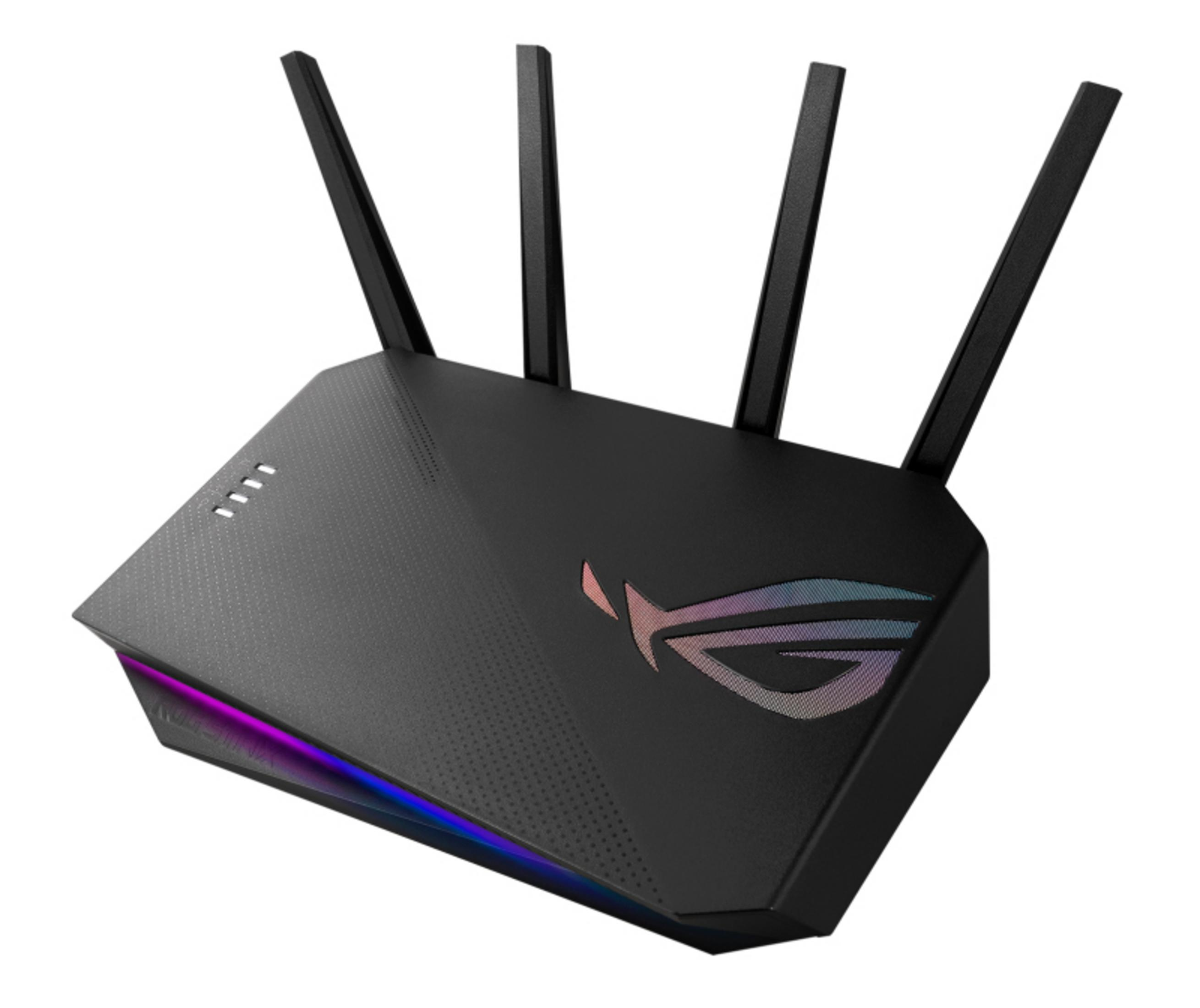 Czarny router z trzema antenami. Router ma logo i jest ustawiony pod kątem, widoczne są niebieskie i fioletowe światła.