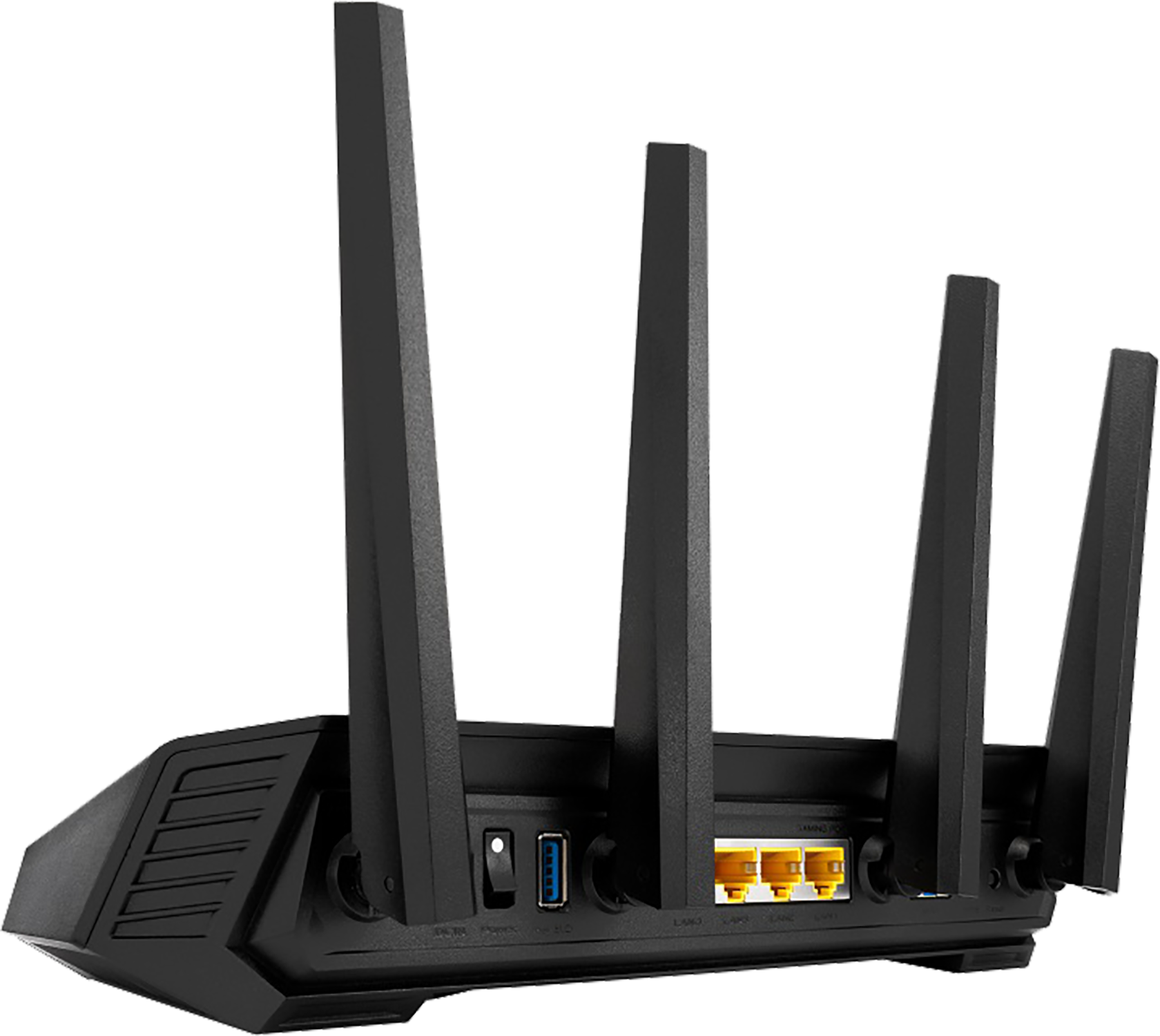 Czarny router z wieloma antenami, portami i przyciskiem zasilania.