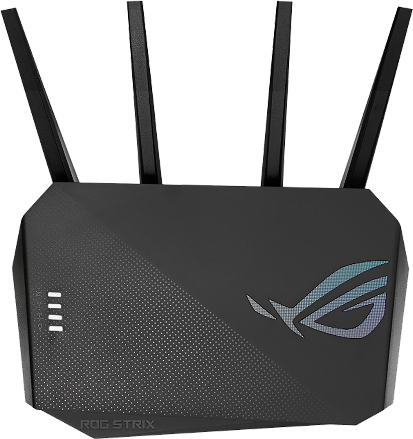 Czarny router ROG Strix z antenami i logo na białym tle.