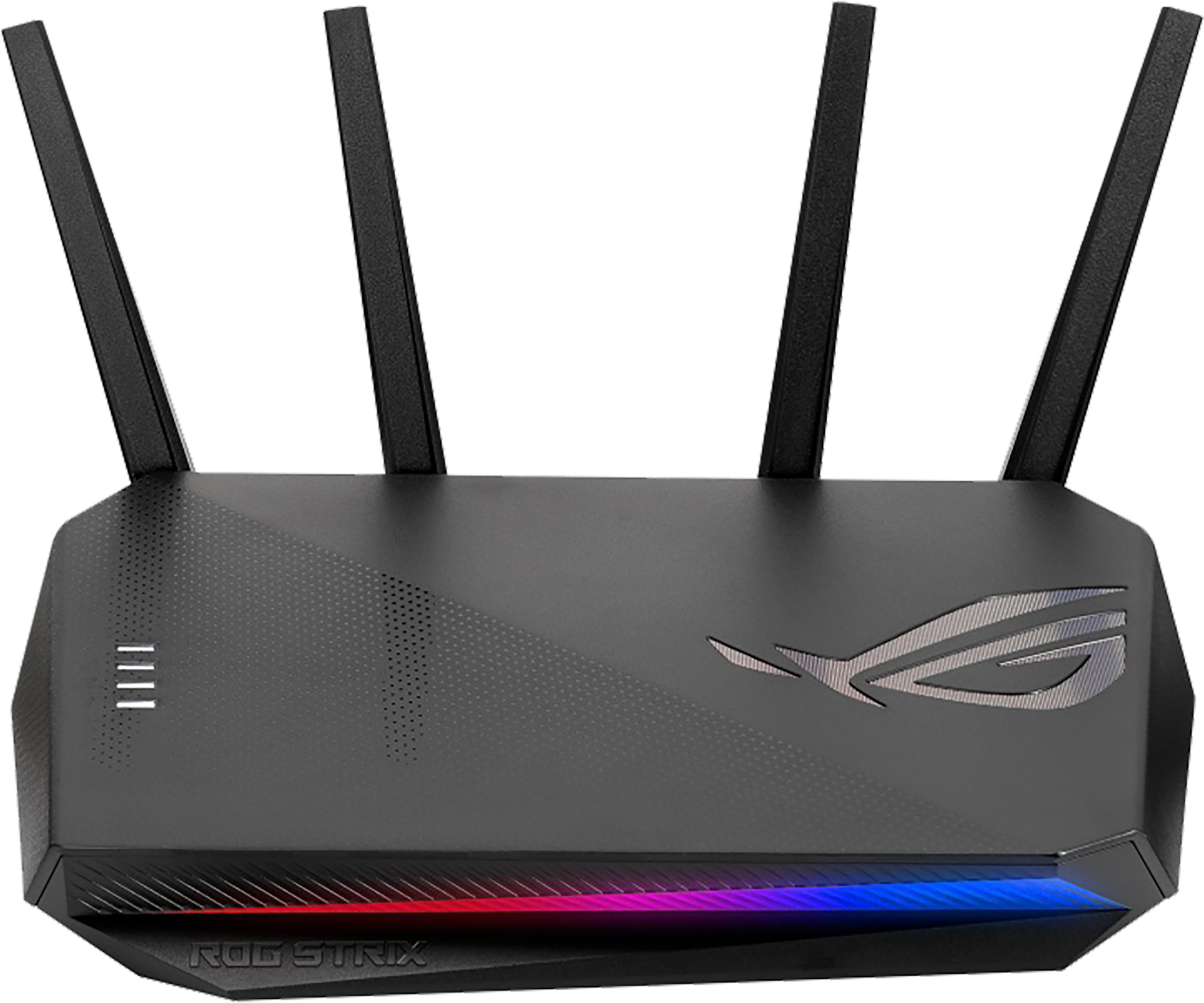 Czarny router z antenami. Router ma logo ROG Strix i światła LED. Anteny są z tyłu.