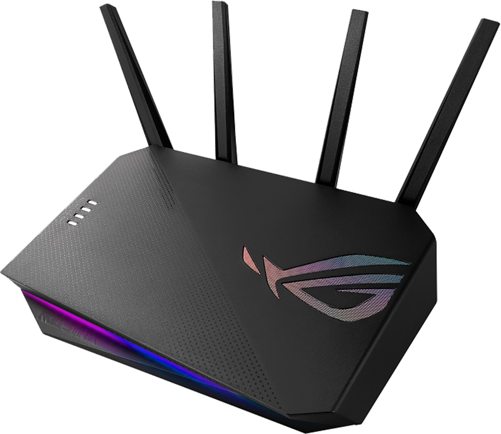 Czarny router z czterema antenami. Ma futurystyczny design z logo i światłami na powierzchni.