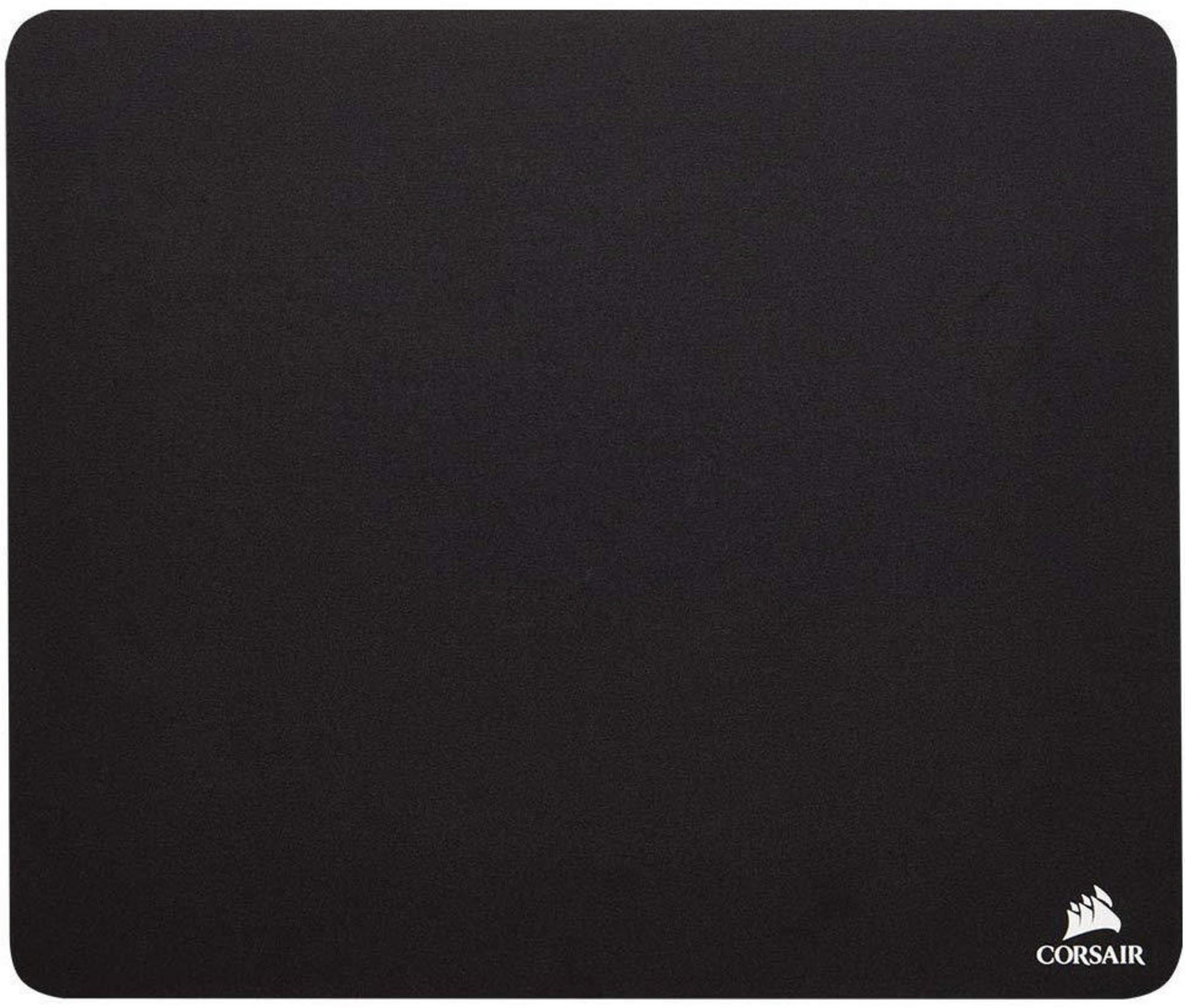 Zwart rechthoekig muismat met een Corsair-logo in de rechter benedenhoek.