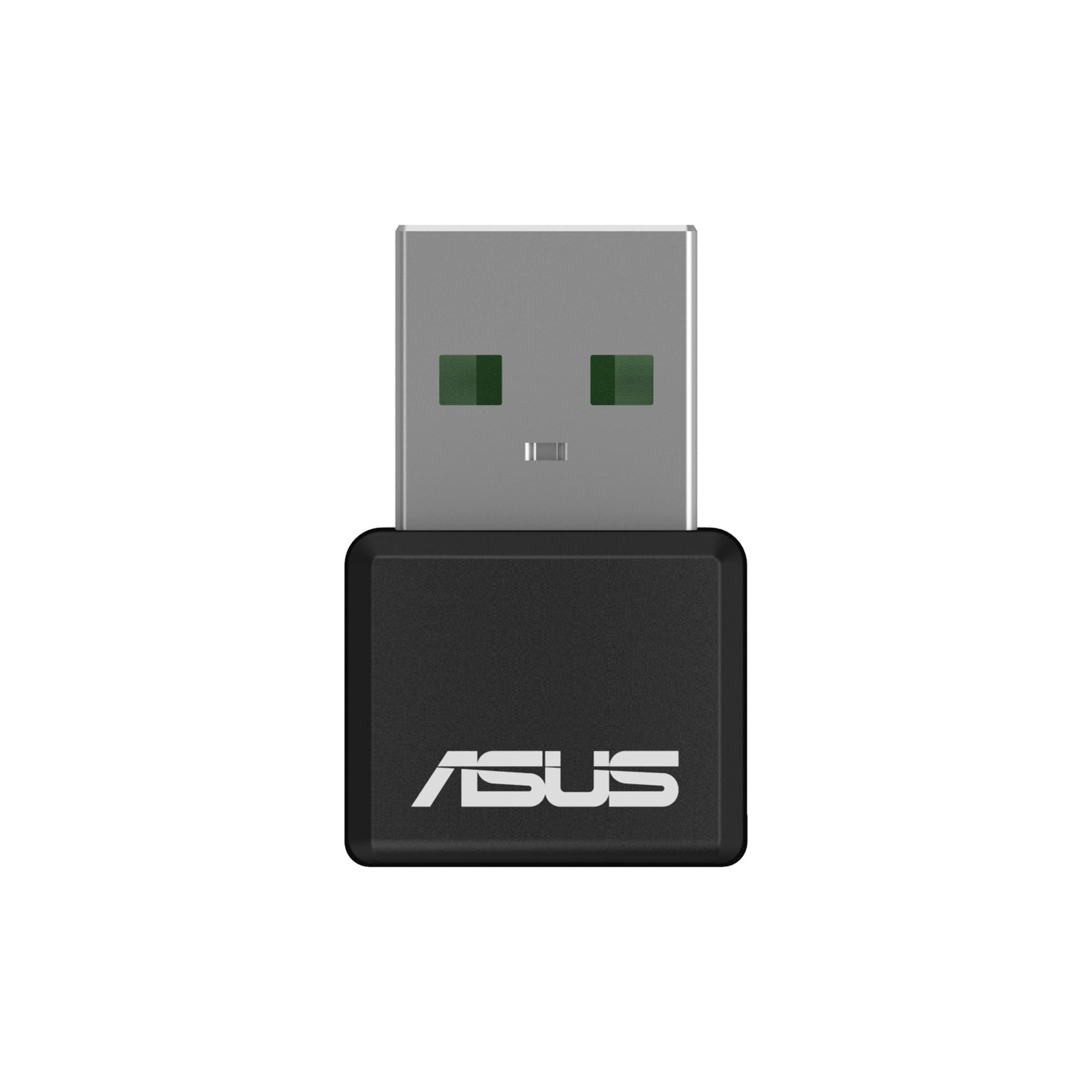 Schwarzer ASUS USB-Adapter. Er hat einen grauen USB-Anschluss und das ASUS-Logo.