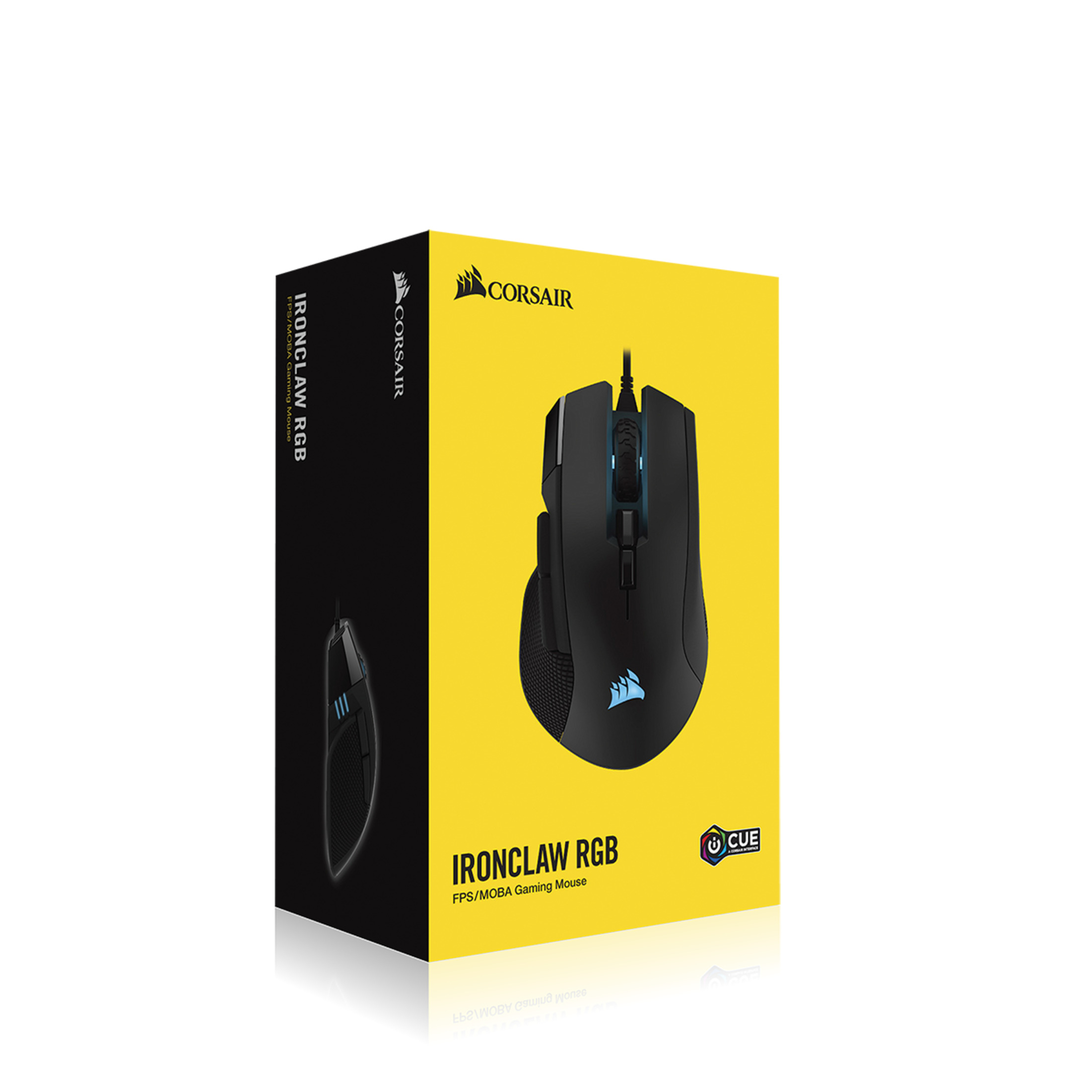 Un ratón gaming Corsair en una caja amarilla y negra.