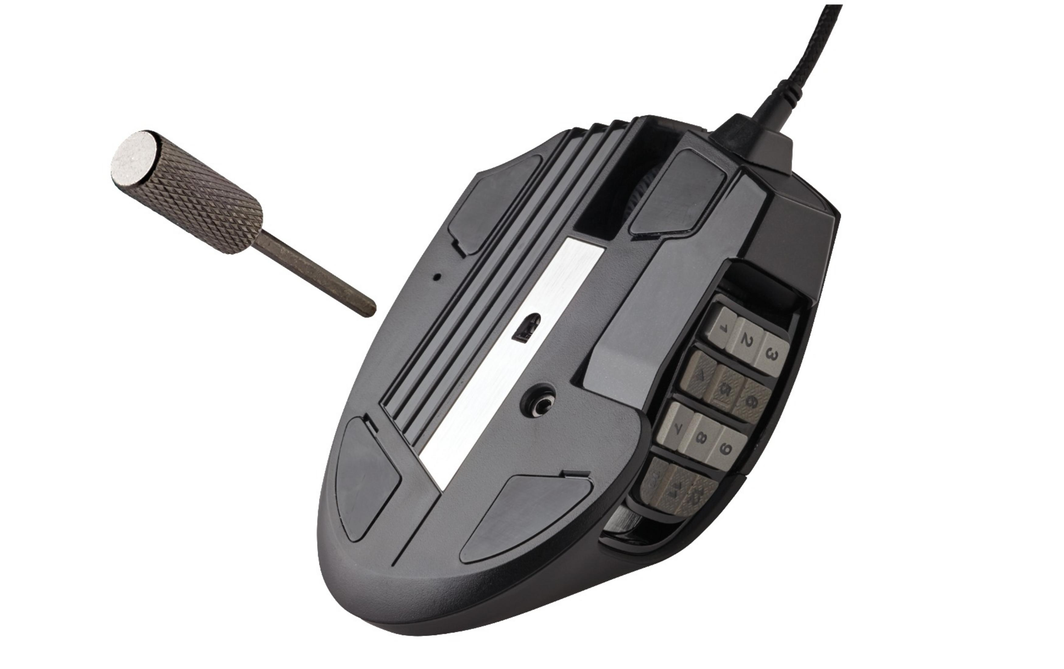 Mouse da gaming nero con pulsanti laterali e una vite argentata per la regolazione del peso.