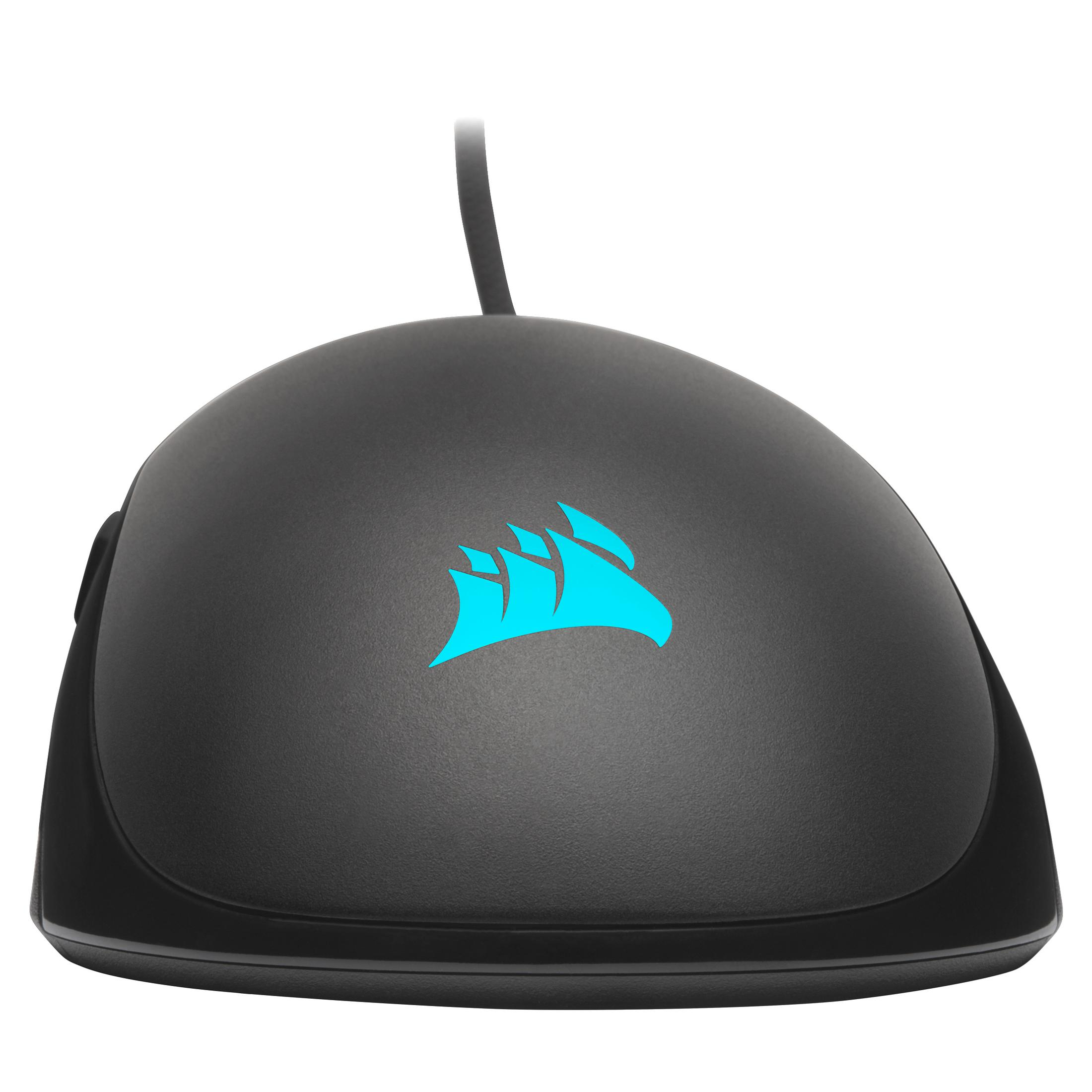 Een zwarte muis met een blauw logo en een kabel.