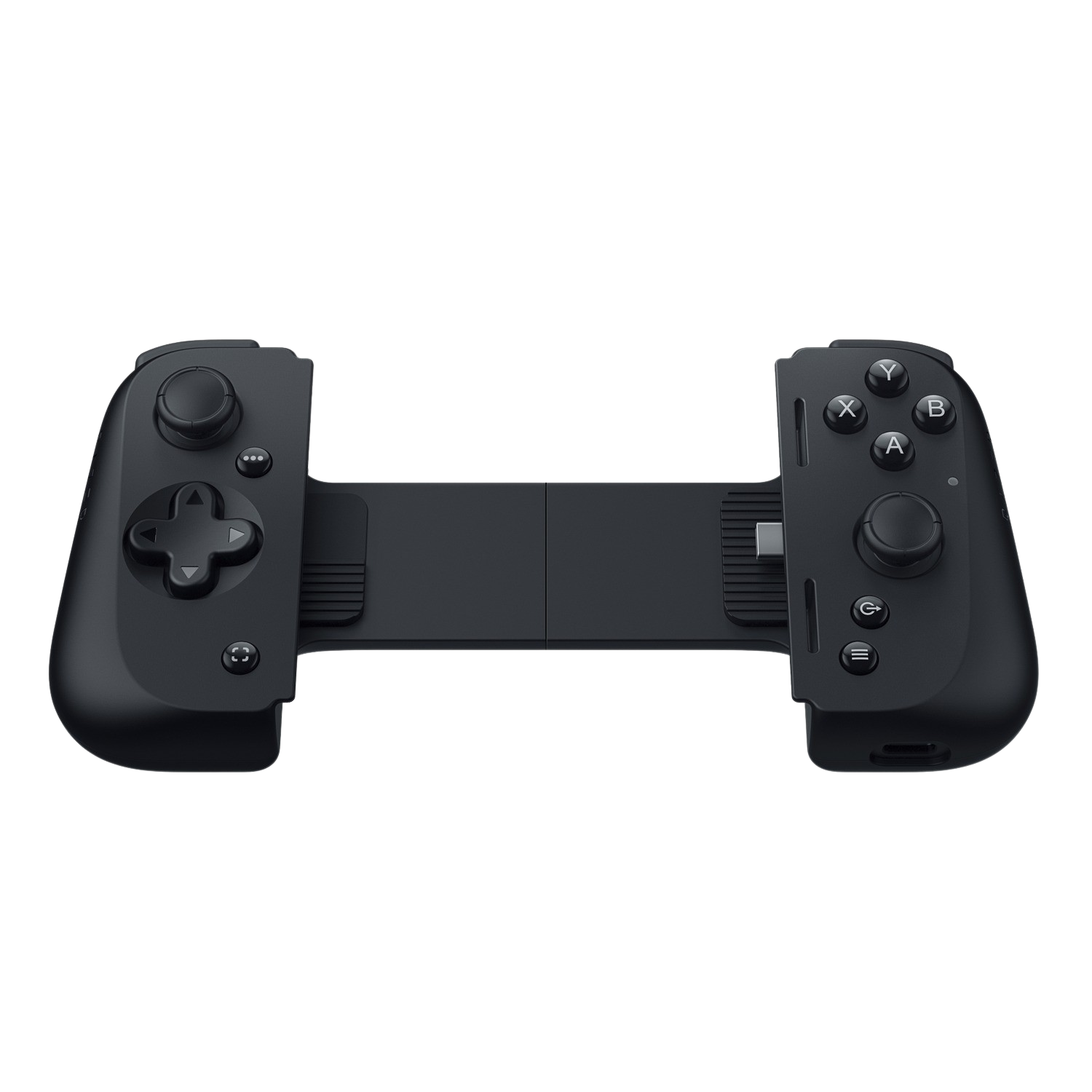 Czarny gamepad z wieloma przyciskami i joystickami. Zaprojektowany do gier mobilnych, na czarnej powierzchni.