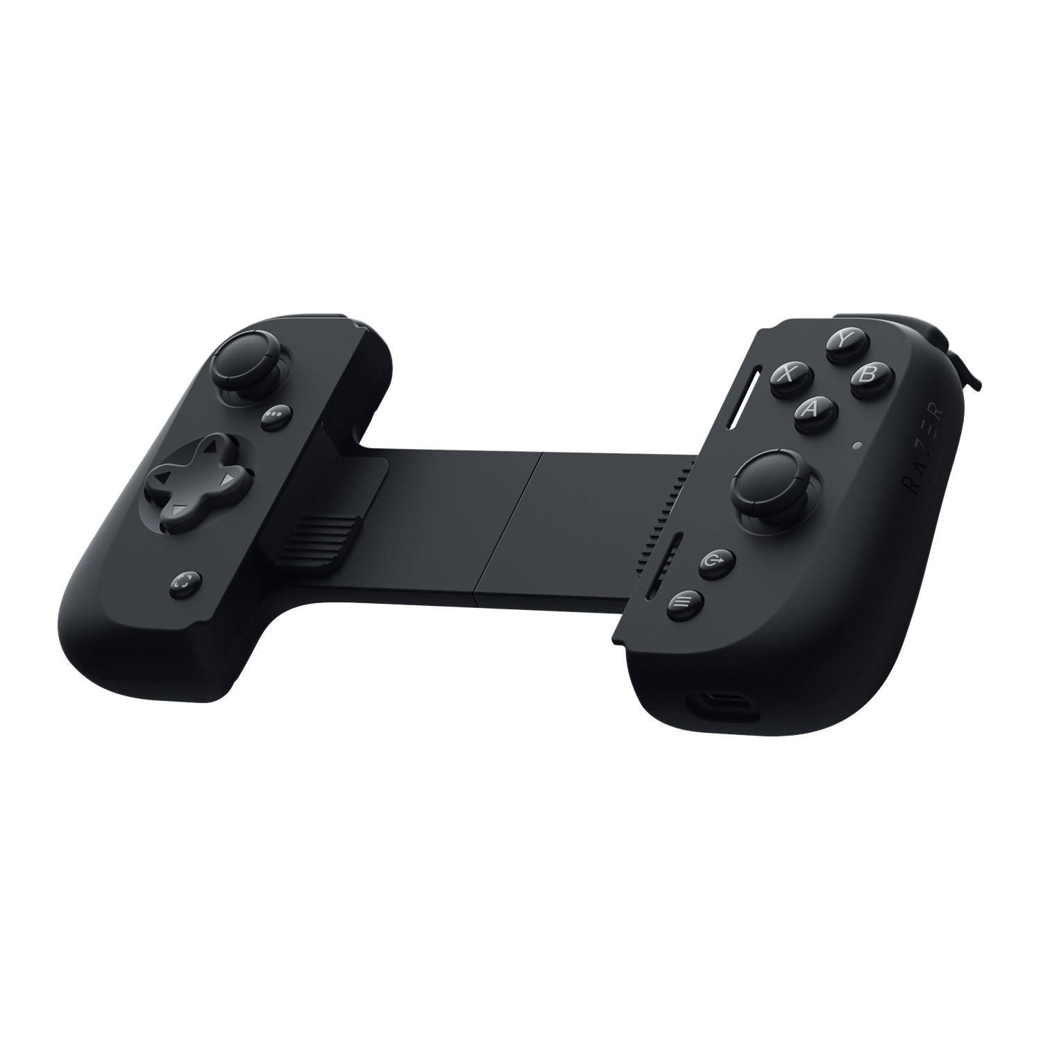 Czarny kontroler do gier Razer, rozłożony i gotowy do użycia, na czarnym tle.