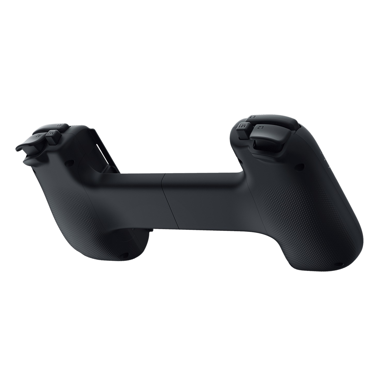 Czarny kontroler do gier na czarnym tle. Posiada uchwyty i przyciski.