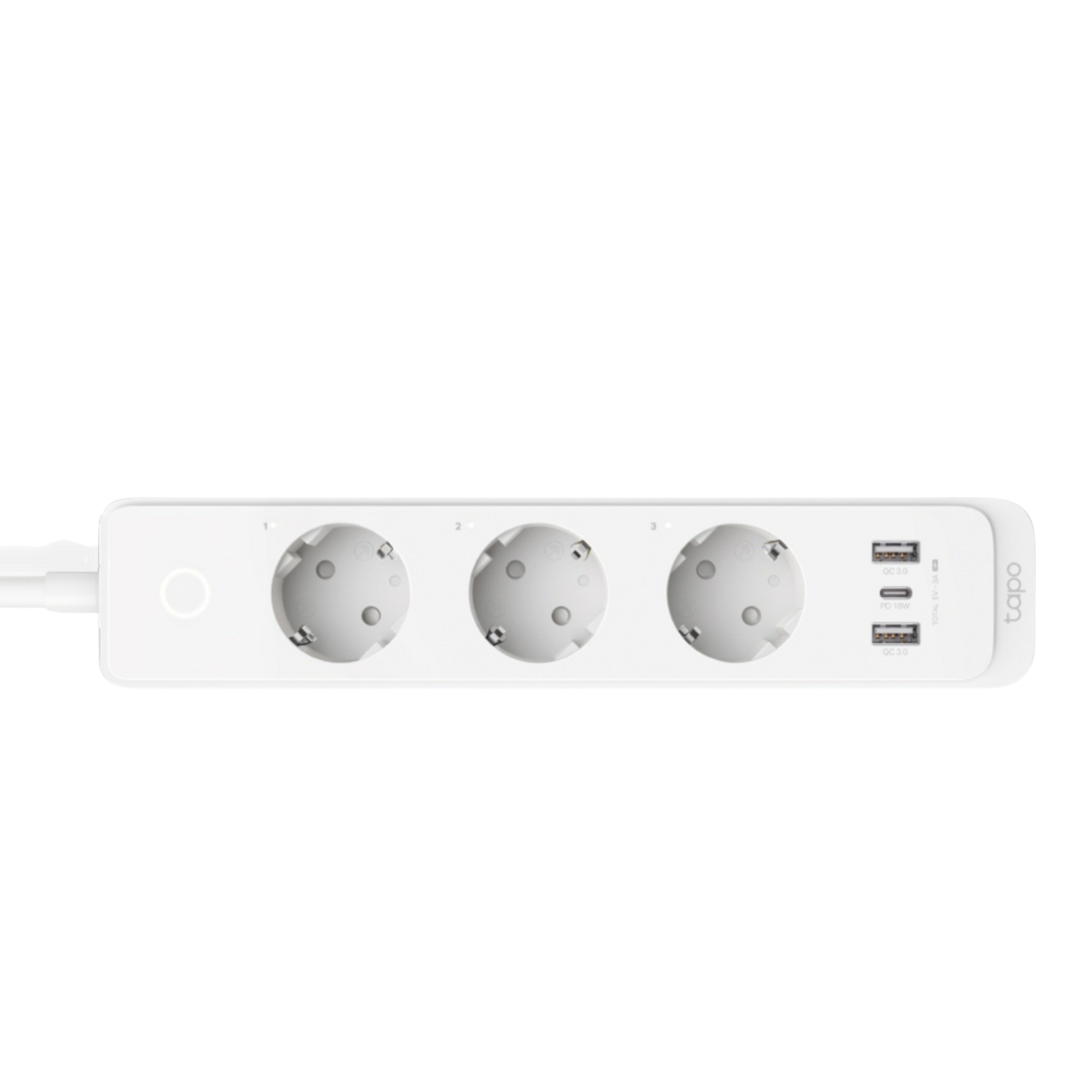 Eine weiße Steckdosenleiste mit drei Steckdosen und zwei USB-Anschlüssen. Ein weißes Kabel erstreckt sich davon.