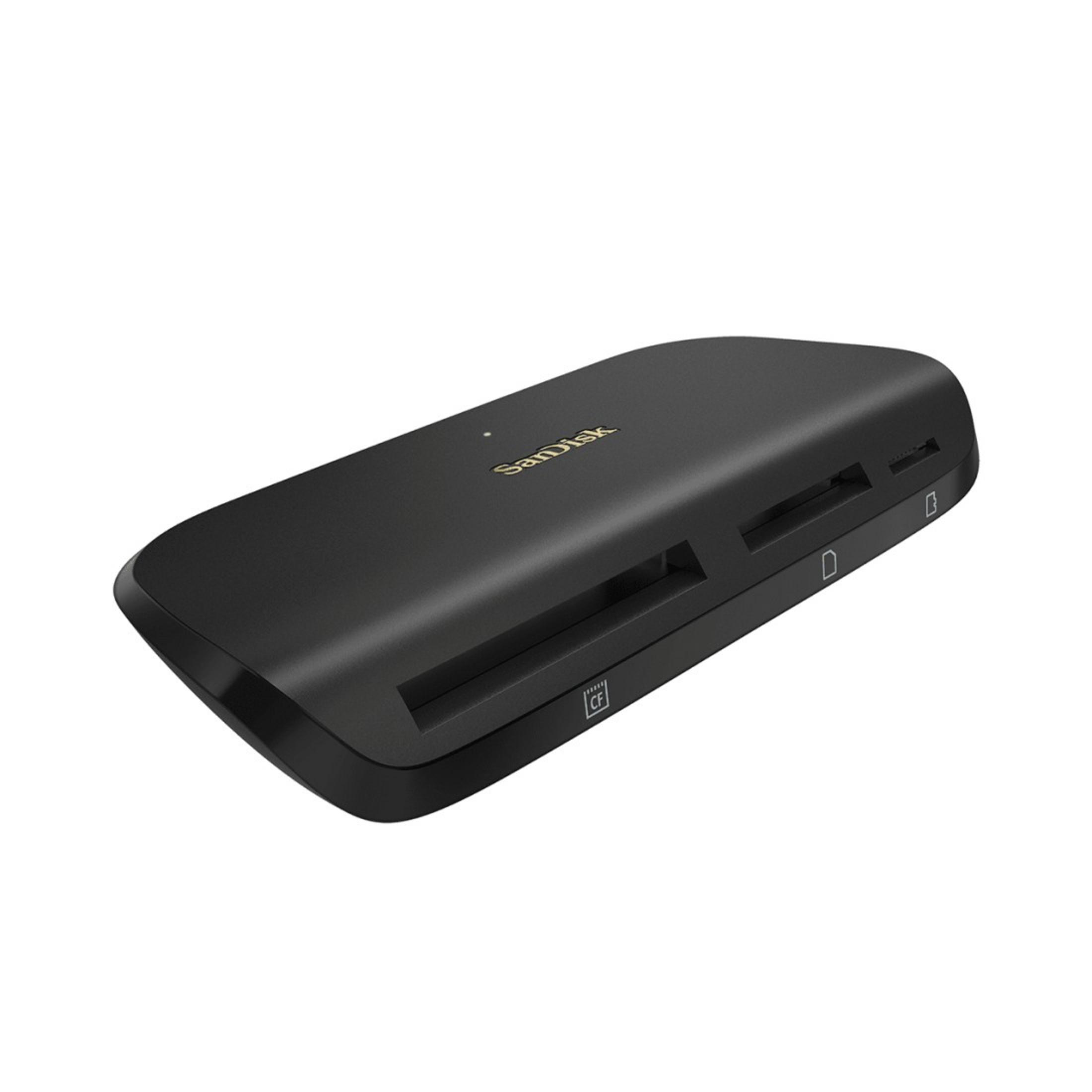 Schwarzes SanDisk-Kartenlesegerät. Es hat ein schlankes Design mit Kartensteckplätzen an der Seite und vorne.