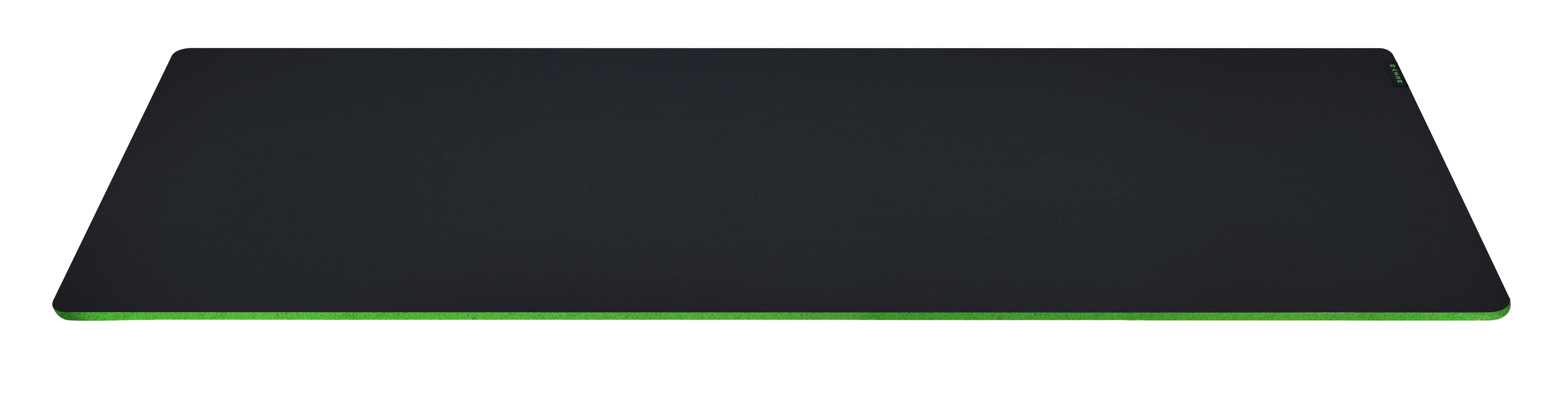 Czarna prostokątna podkładka pod mysz Razer z zieloną obwódką, na białym tle, widok z góry.