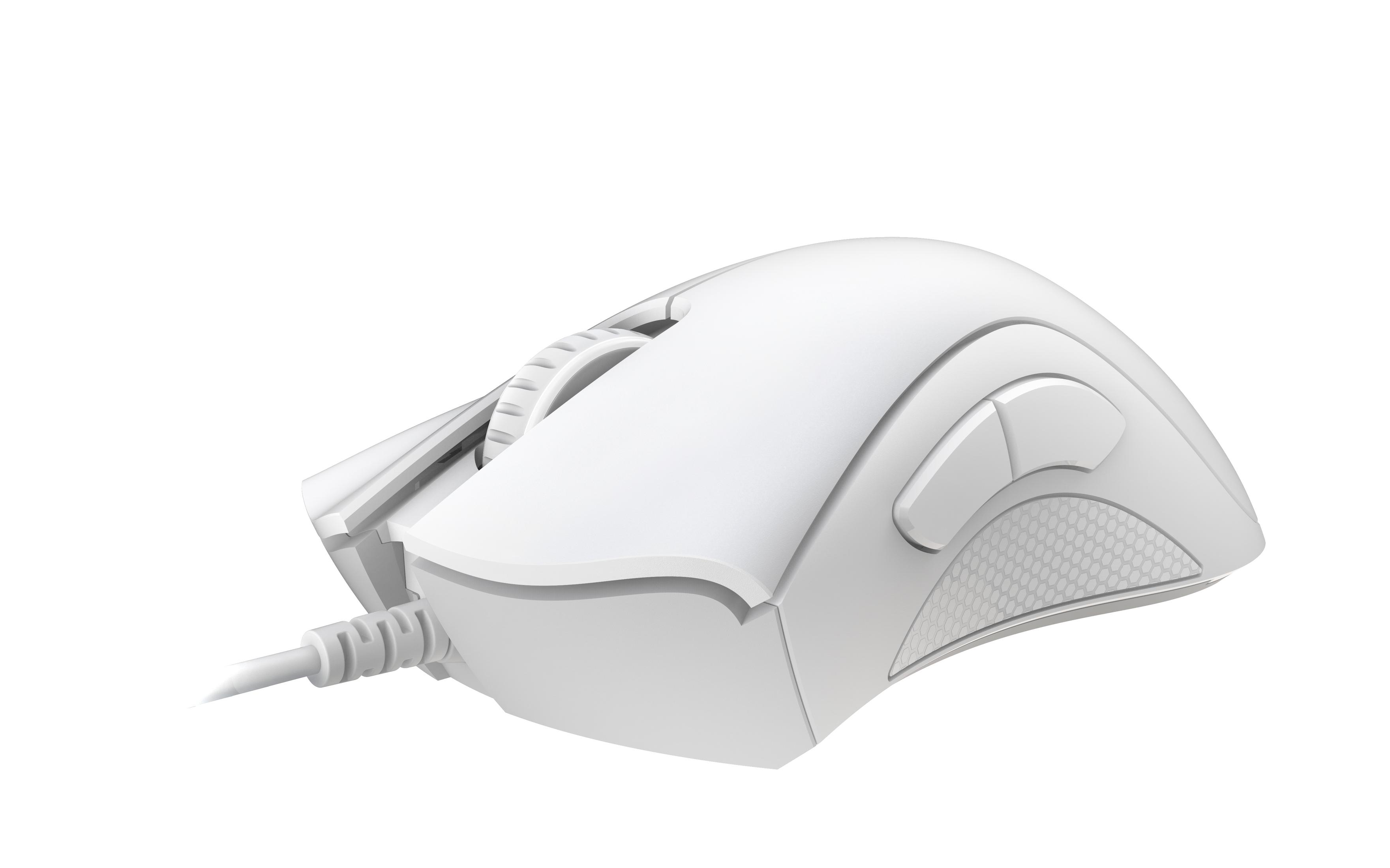 Biała mysz komputerowa z przyciskami i kółkiem przewijania, na białym tle.