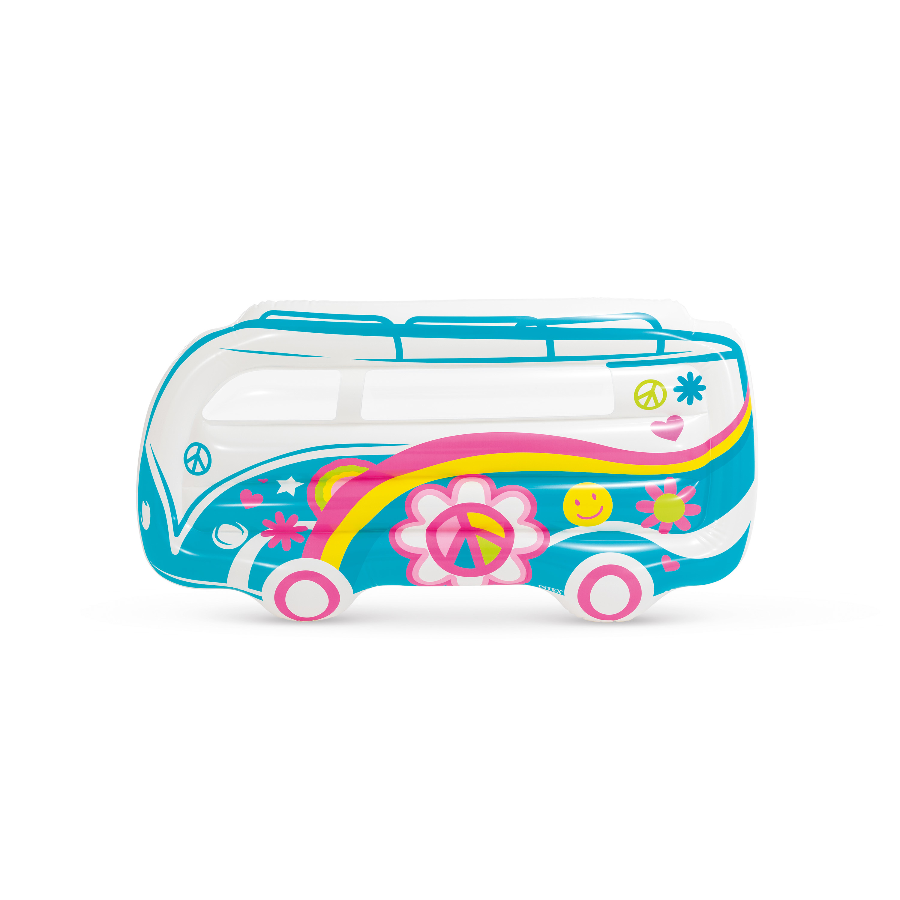 Ein buntes Spielzeugauto mit Blumen- und Friedenssymbolen auf weißem Grund.