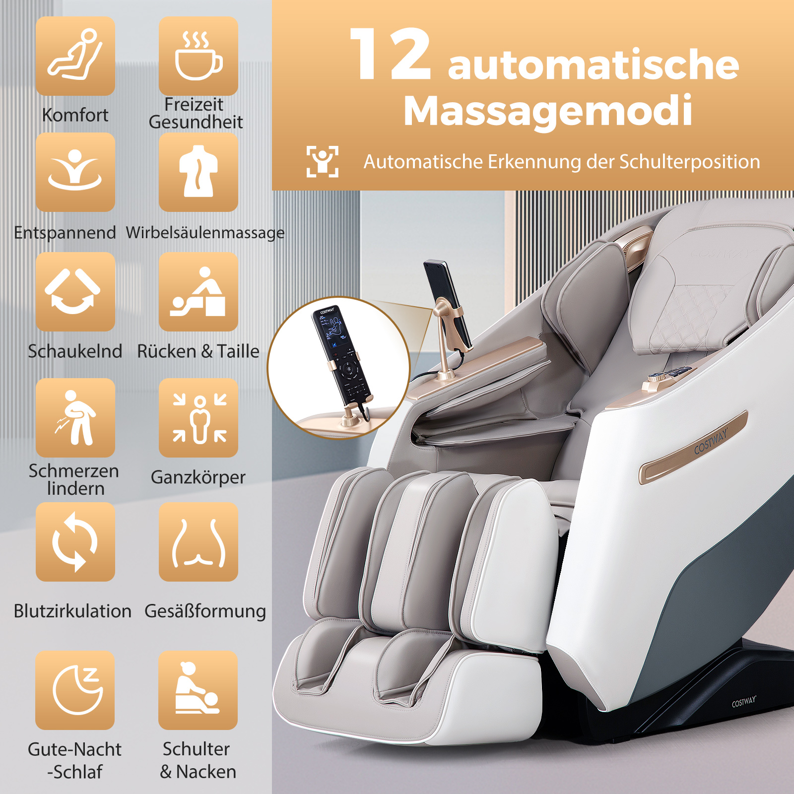 Ein Massagesessel mit Bedienfeld und Icons, die verschiedene Massagemodi darstellen.
