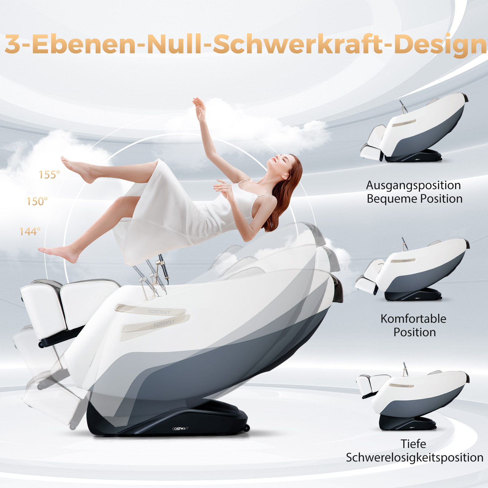 Frau, die sich auf einem Massagestuhl zurücklehnt. Drei Positionen gezeigt. Text auf Deutsch.