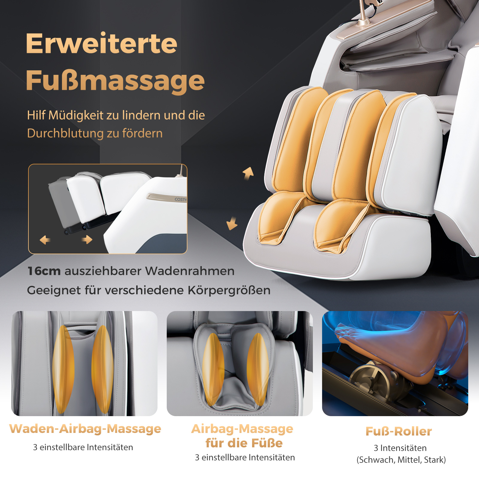 Ein Massagestuhl mit detaillierten Ansichten von Fuß-, Bein- und Rückenmassagefunktionen.