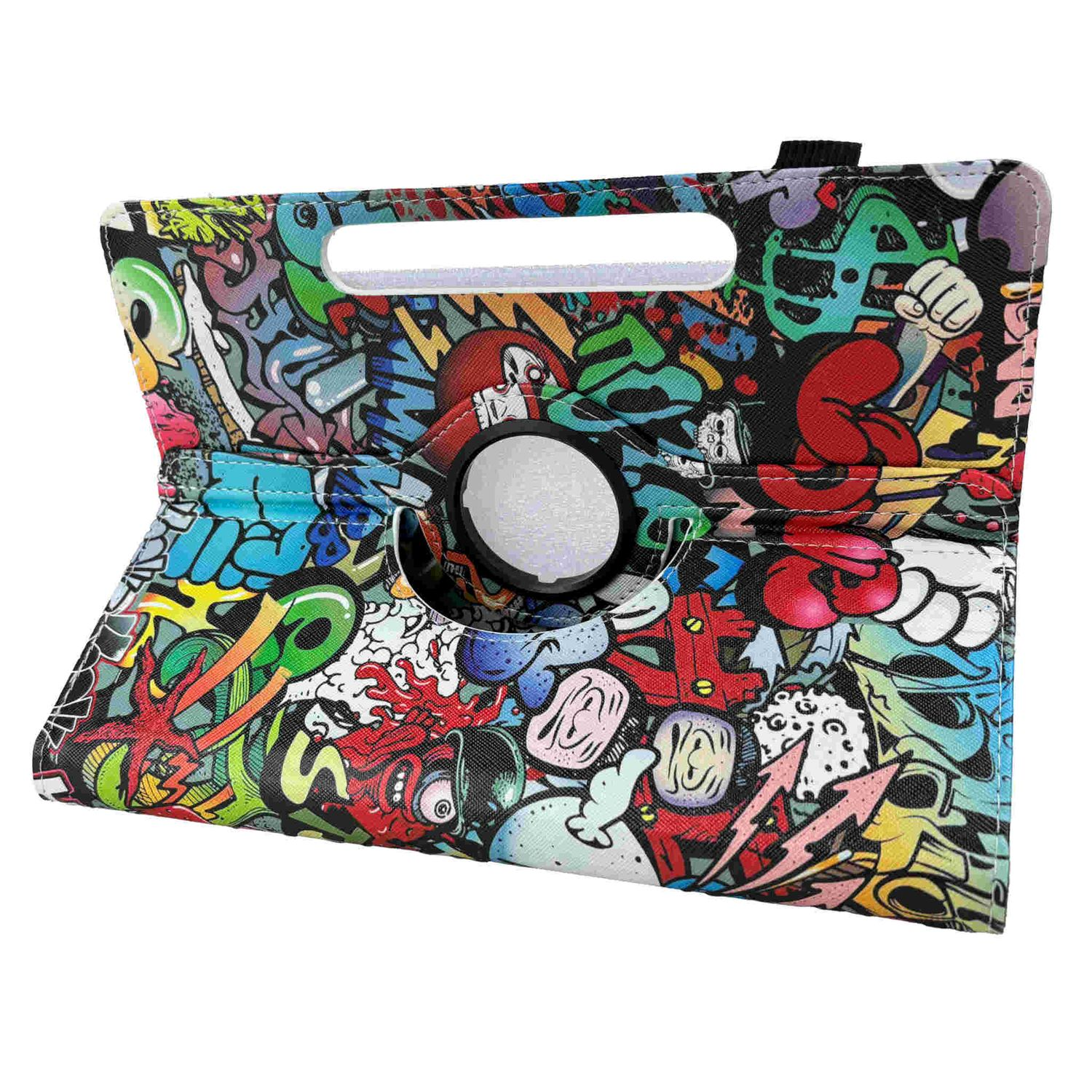 Eine bunte Tablethülle mit Graffiti-Design. Sie ist offen und zeigt den Tablethalter.