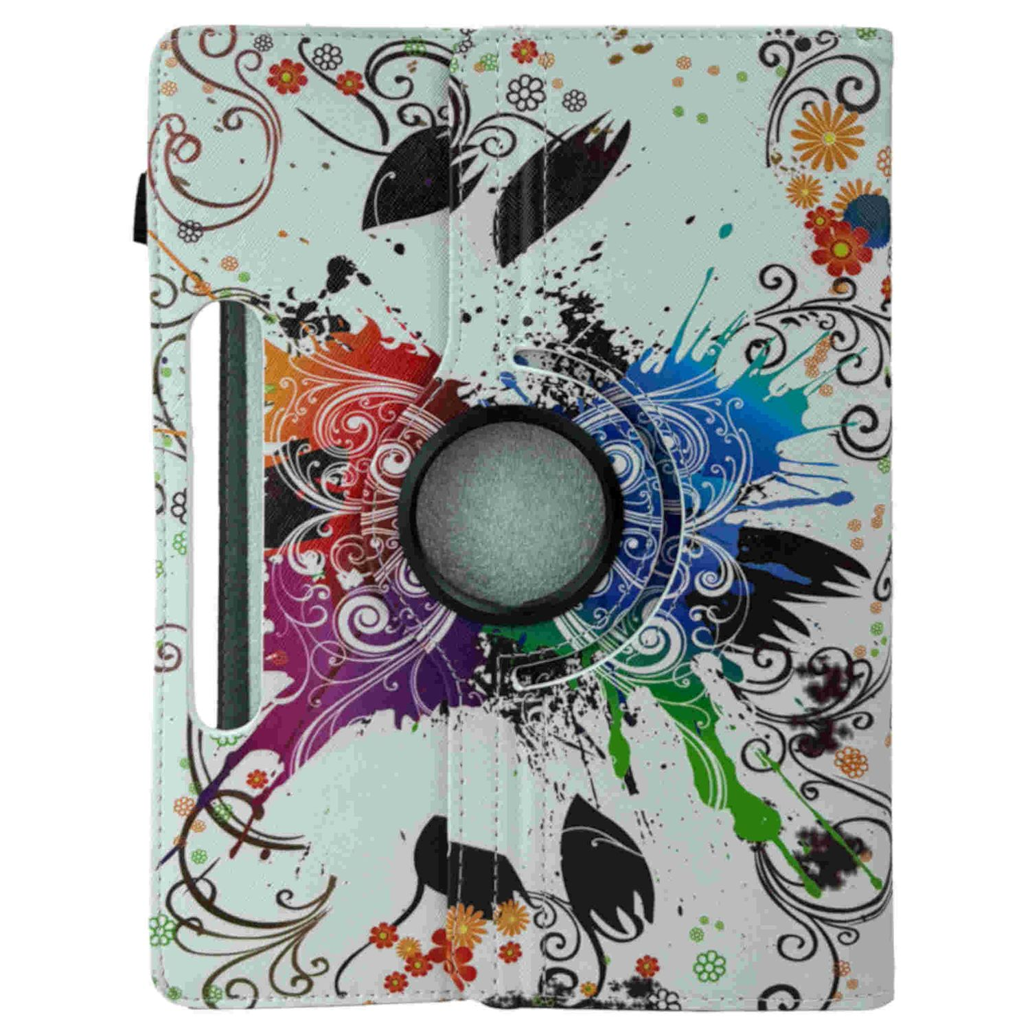 Funda para tableta con diseño floral y abstracto, que incluye un soporte circular.