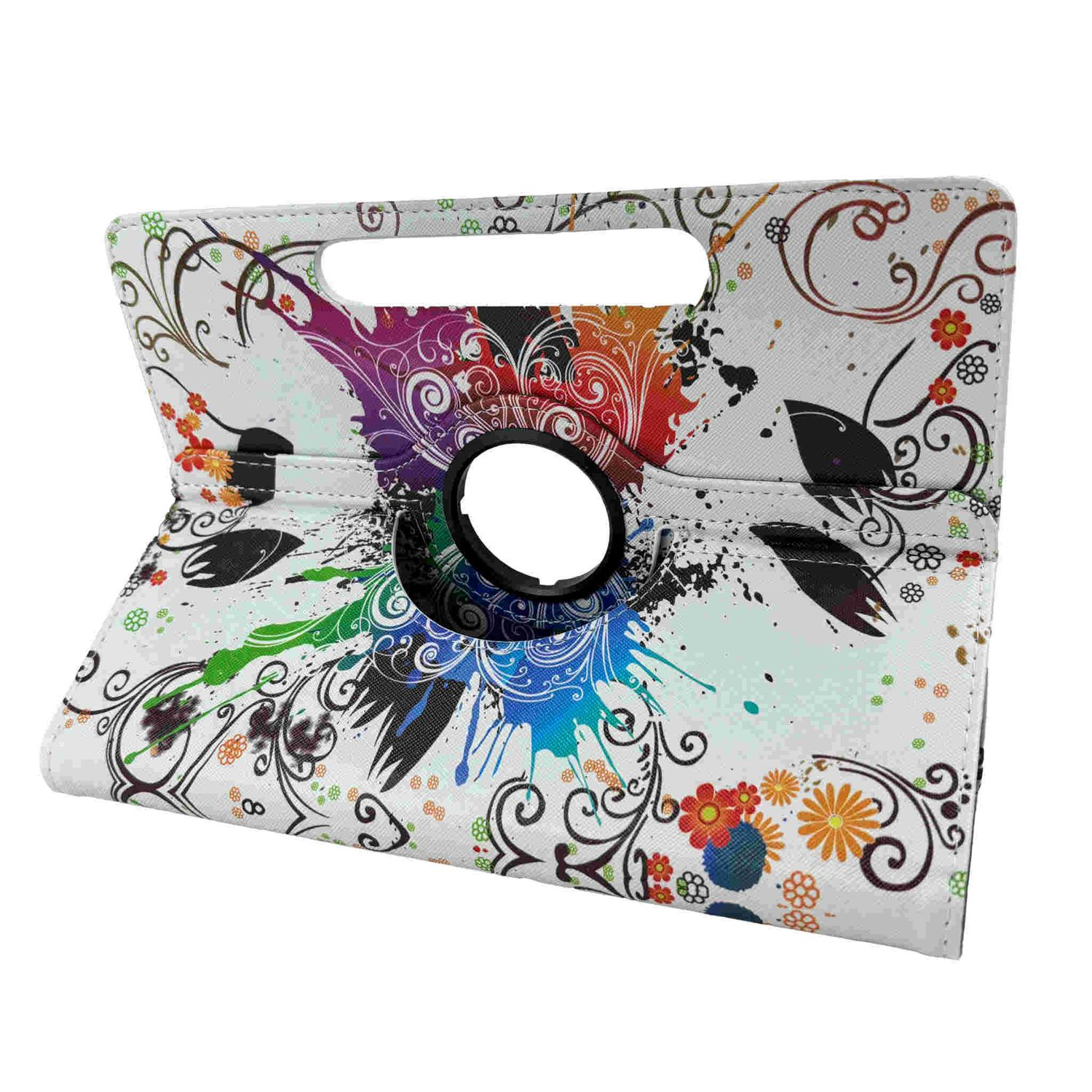 Funda para tableta con diseño colorido. Abierta, con asa y diseño floral.