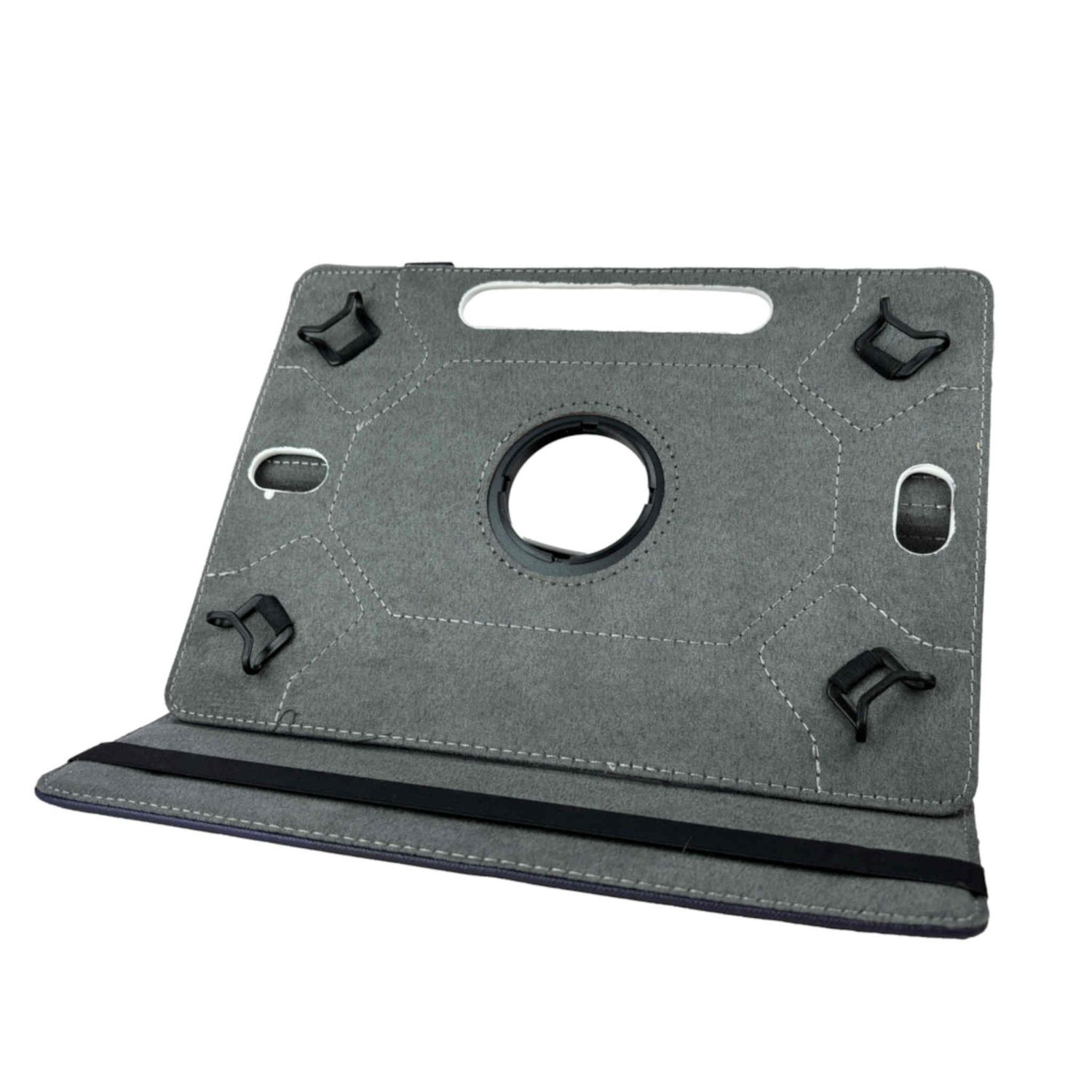 Una funda de tableta gris. La funda tiene un agujero en el medio.