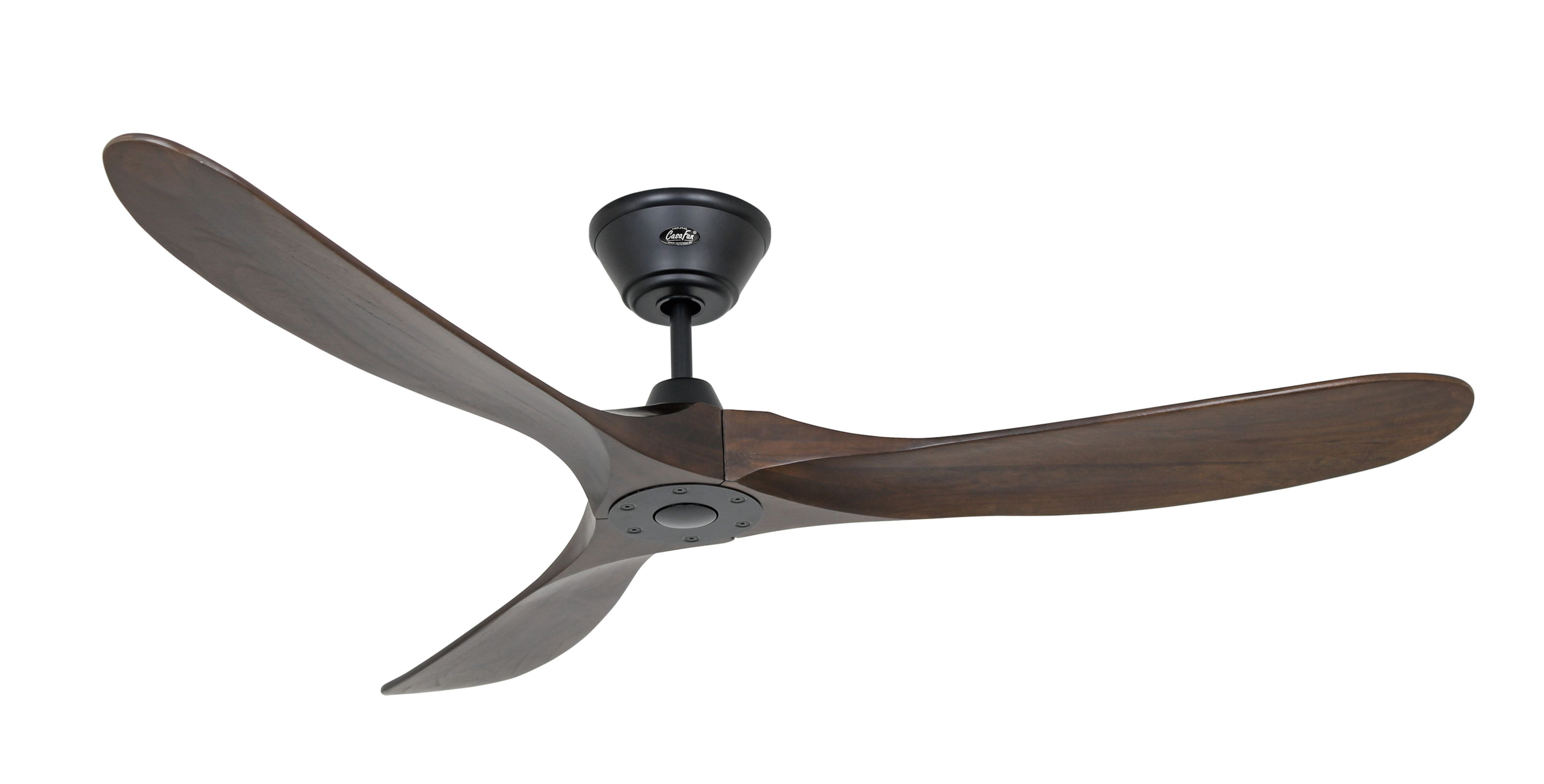 Ventilatore da soffitto con tre pale in legno scuro e motore nero.