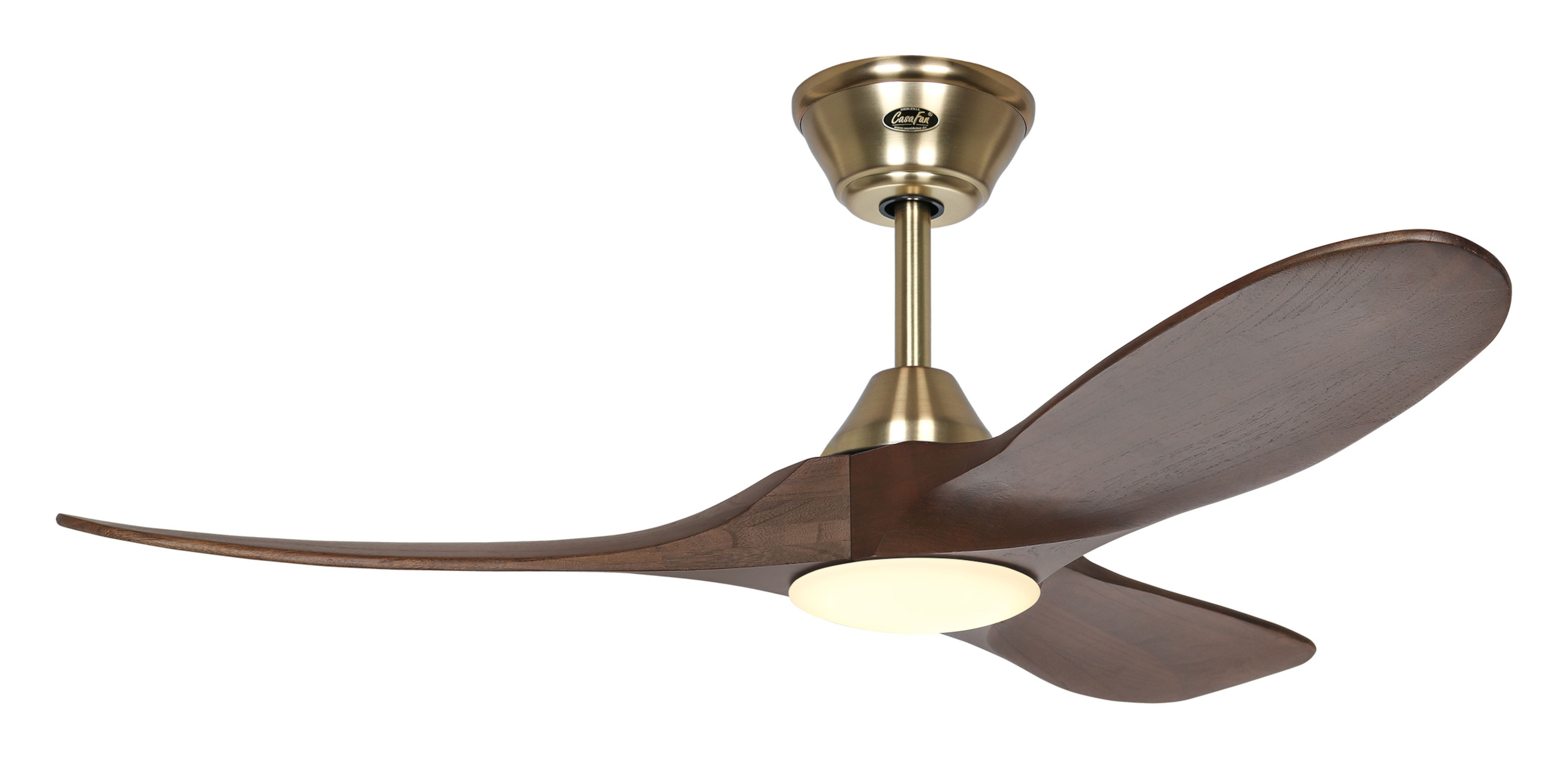 Ventilatore da soffitto con due pale in legno. Alloggiamento motore e asta dorati.