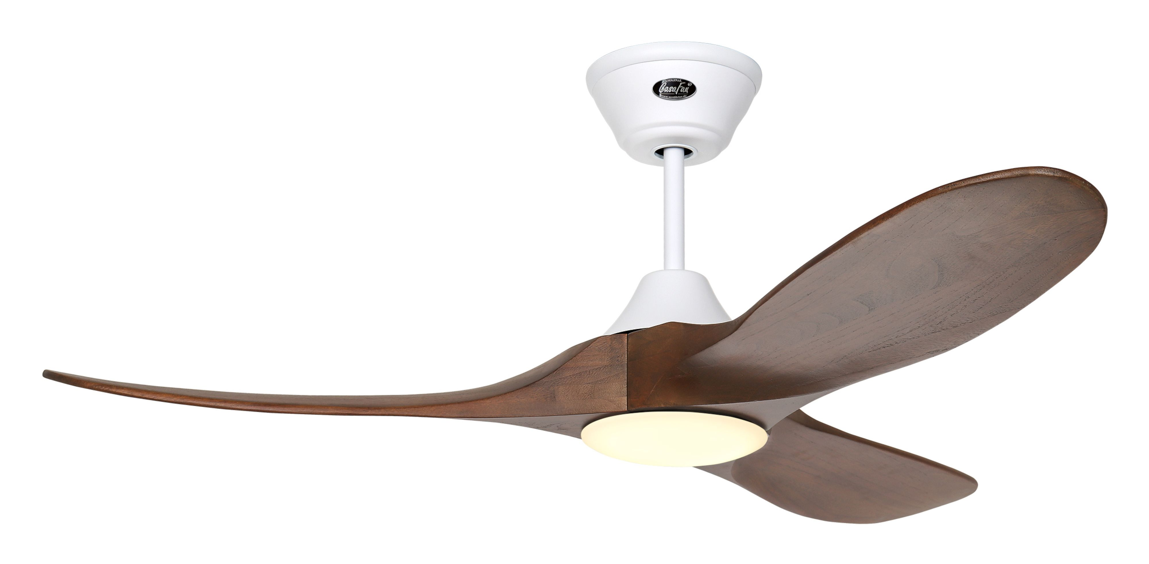 Ventilatore a soffitto, motore bianco, pale in legno con luce.