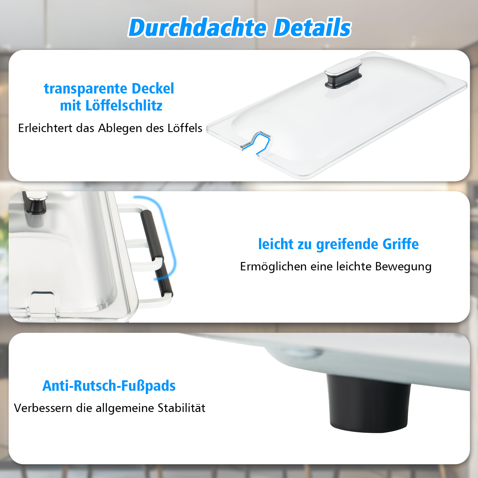 Transparenter Deckel mit Löffelschlitz, Griffen. Anti-Rutsch-Pads.