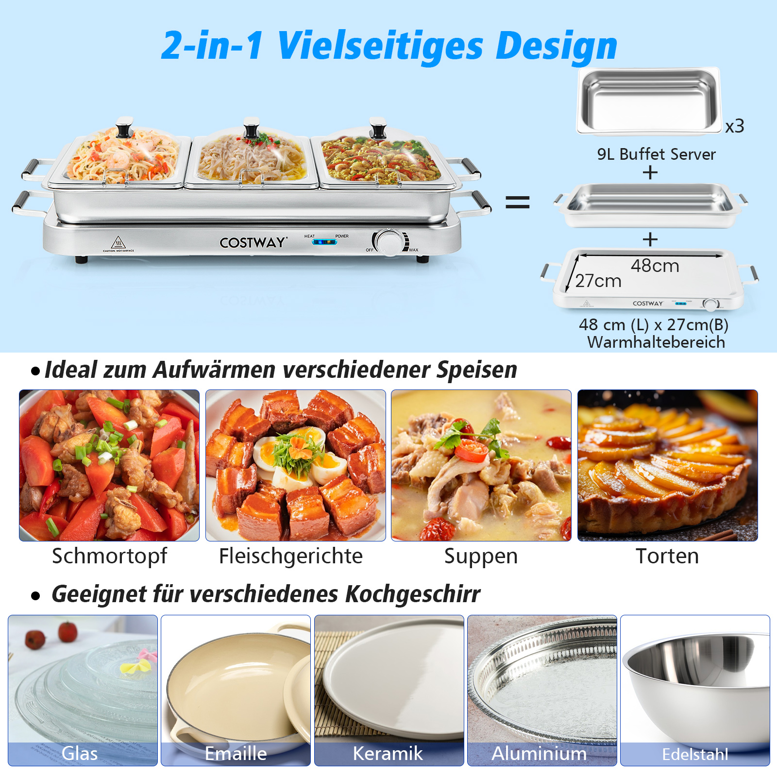 Speisewärmer mit drei Abschnitten. Jeder enthält unterschiedliches Essen. Darunter Beispiele für Speisen und Serviergeschirr.