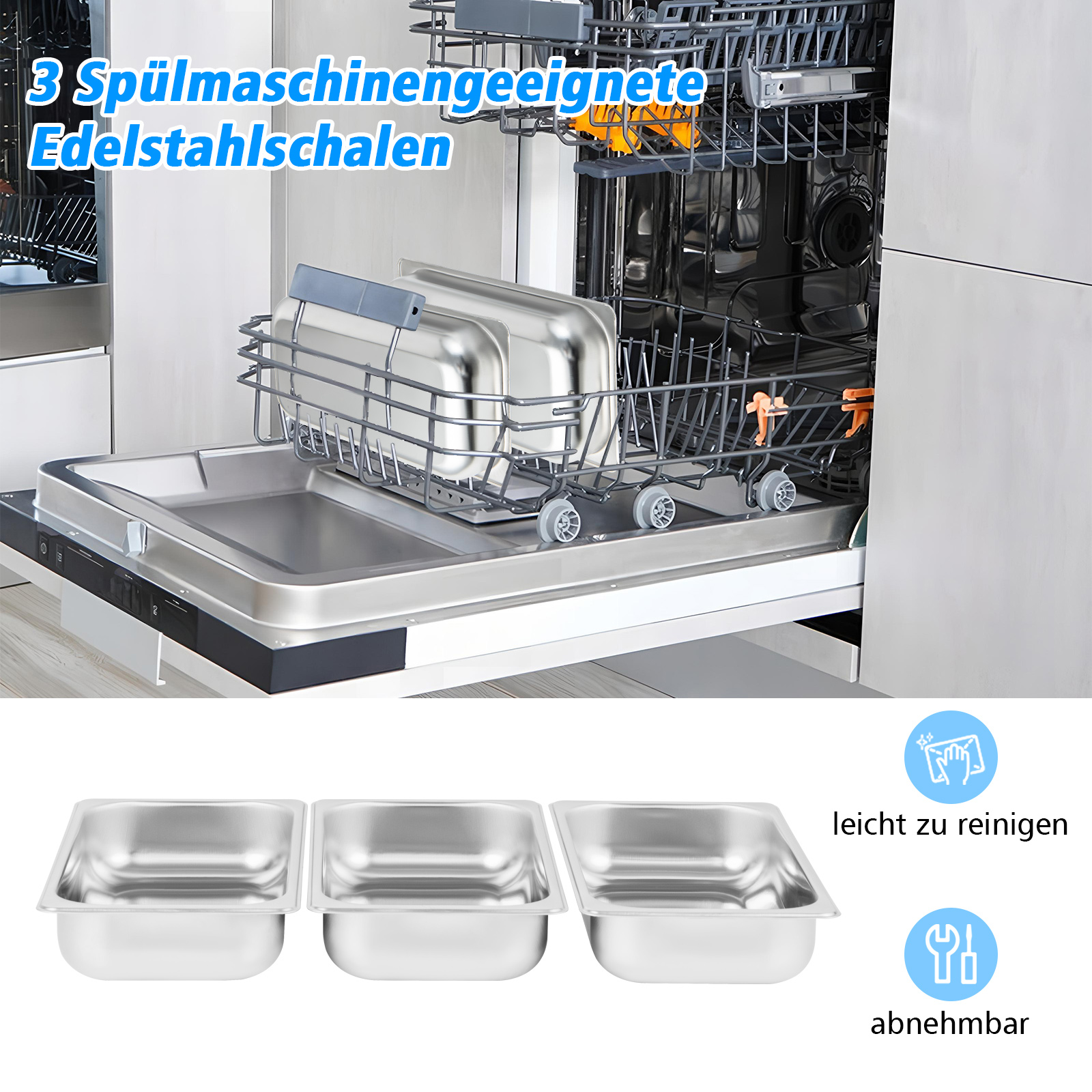 Geschirrspüler mit Edelstahlbehältern im Inneren.