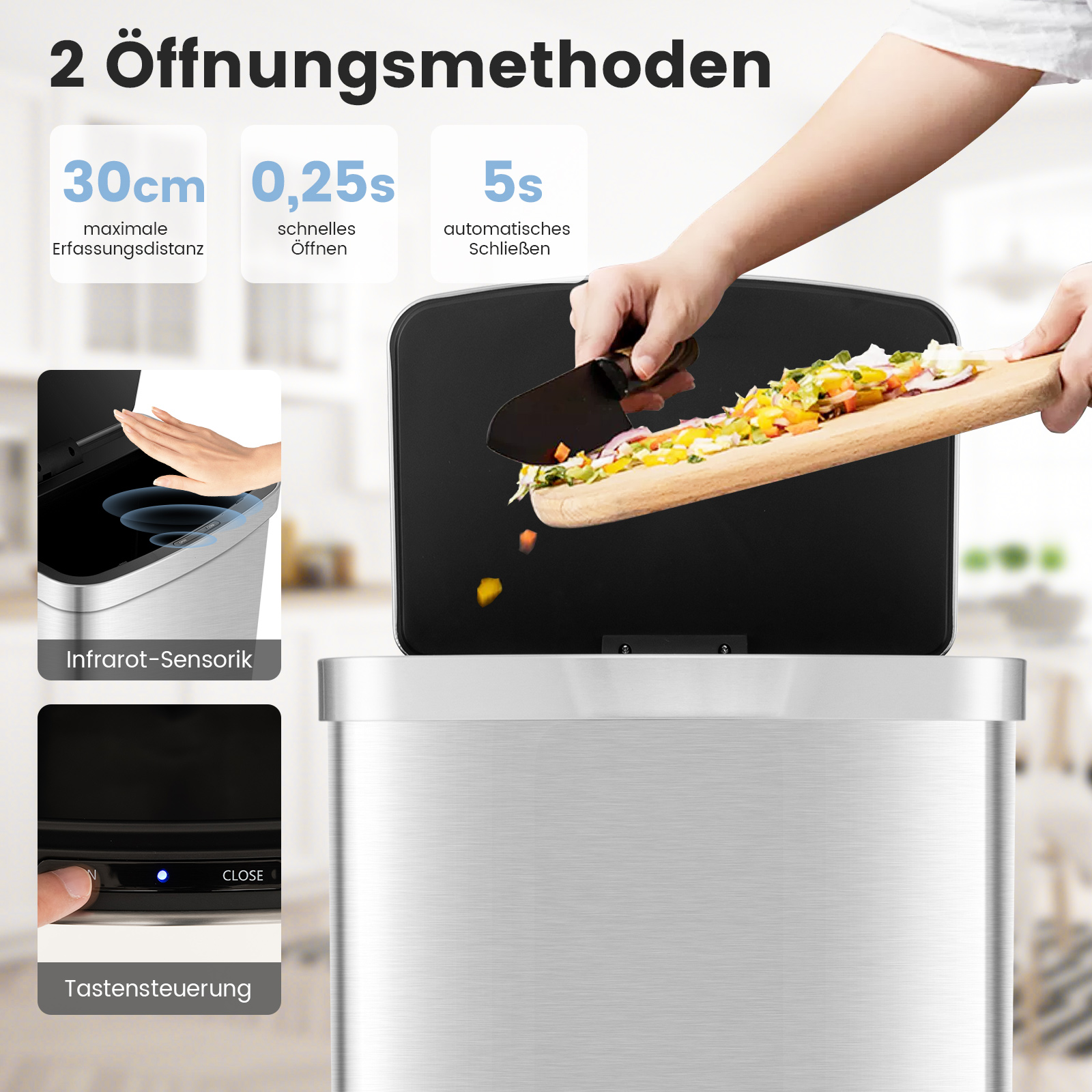 Ein Mülleimer mit Informationen über Öffnungsmethoden, Infrarotsensor und Touch-Steuerung.