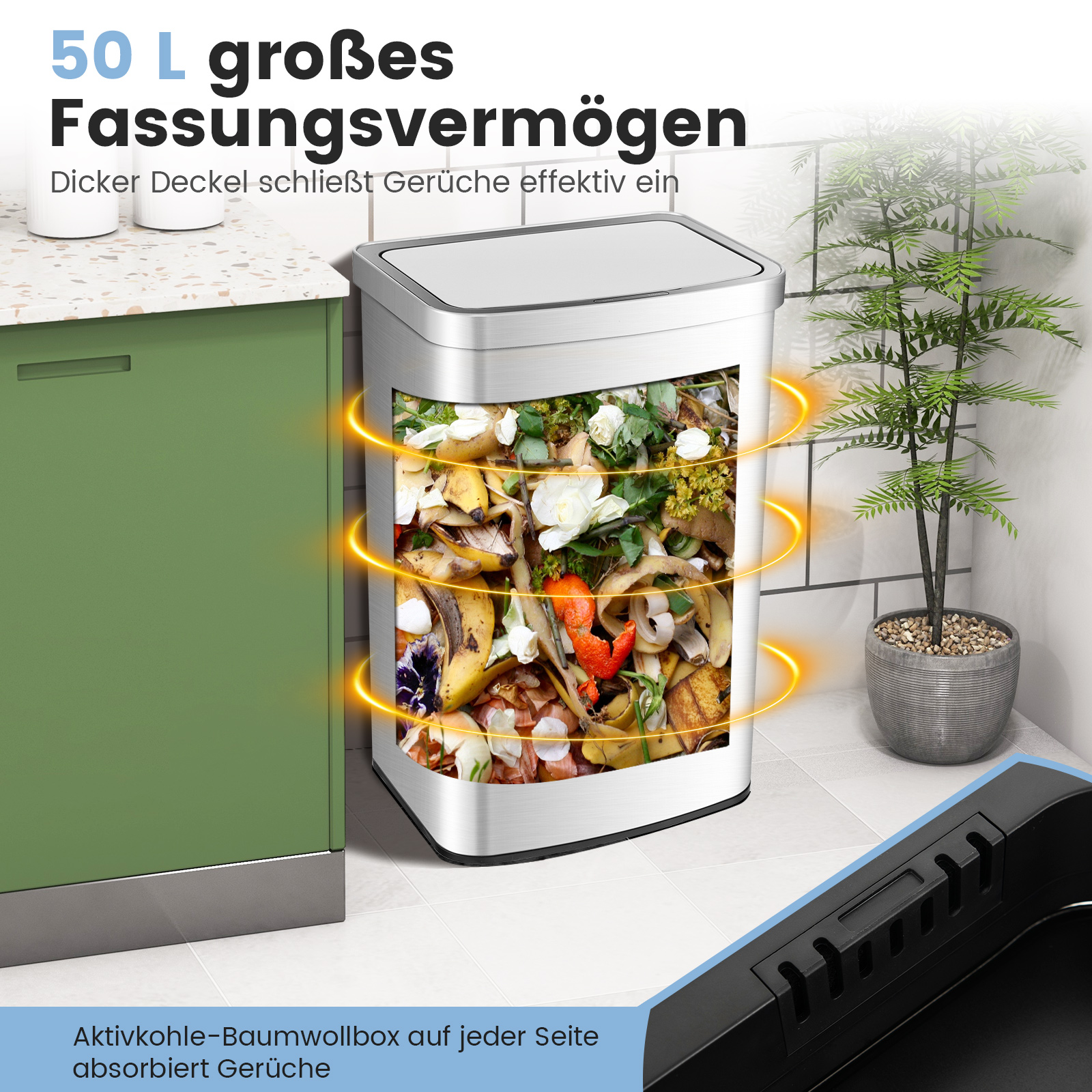 Edelstahl-Mülleimer mit Inhalt sichtbar, umgeben von leuchtenden Linien, in einer Küche.