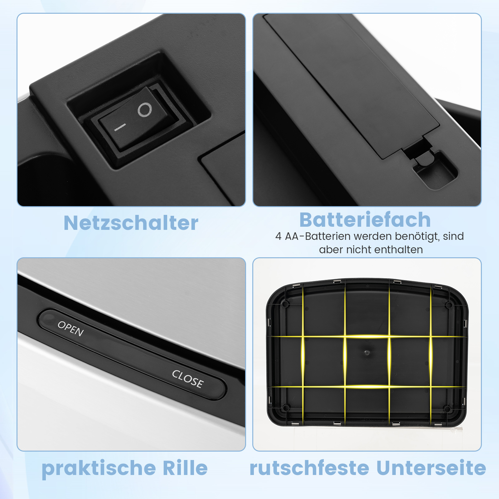 Nahaufnahme eines Geräts mit Knöpfen und Beschriftungen, einschließlich Netzschalter und Batteriefach.