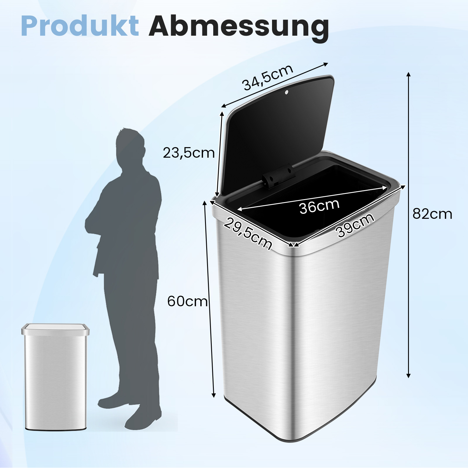 Silberner Mülleimer mit offenem Deckel und Abmessungen. Person Silhouette. Abmessungen: 82cm Höhe, 39cm Breite, 36cm Öffnung.